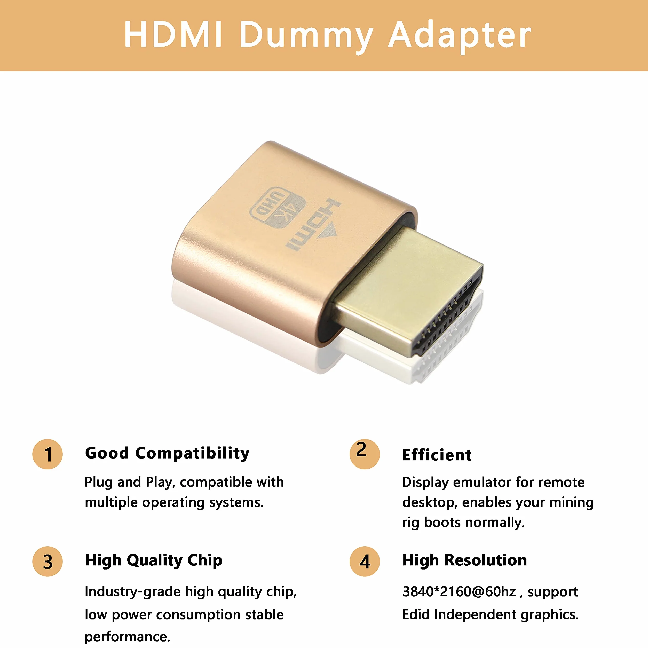 XMSJSIY Adattatore HDMI fittizio 4K HDMI Display Emulatore Virtuale Monitor Headless Ghost Adapter per Ethereum ETH ZEC BTC Mining 3840x2160@60Hz - Confezione da 3