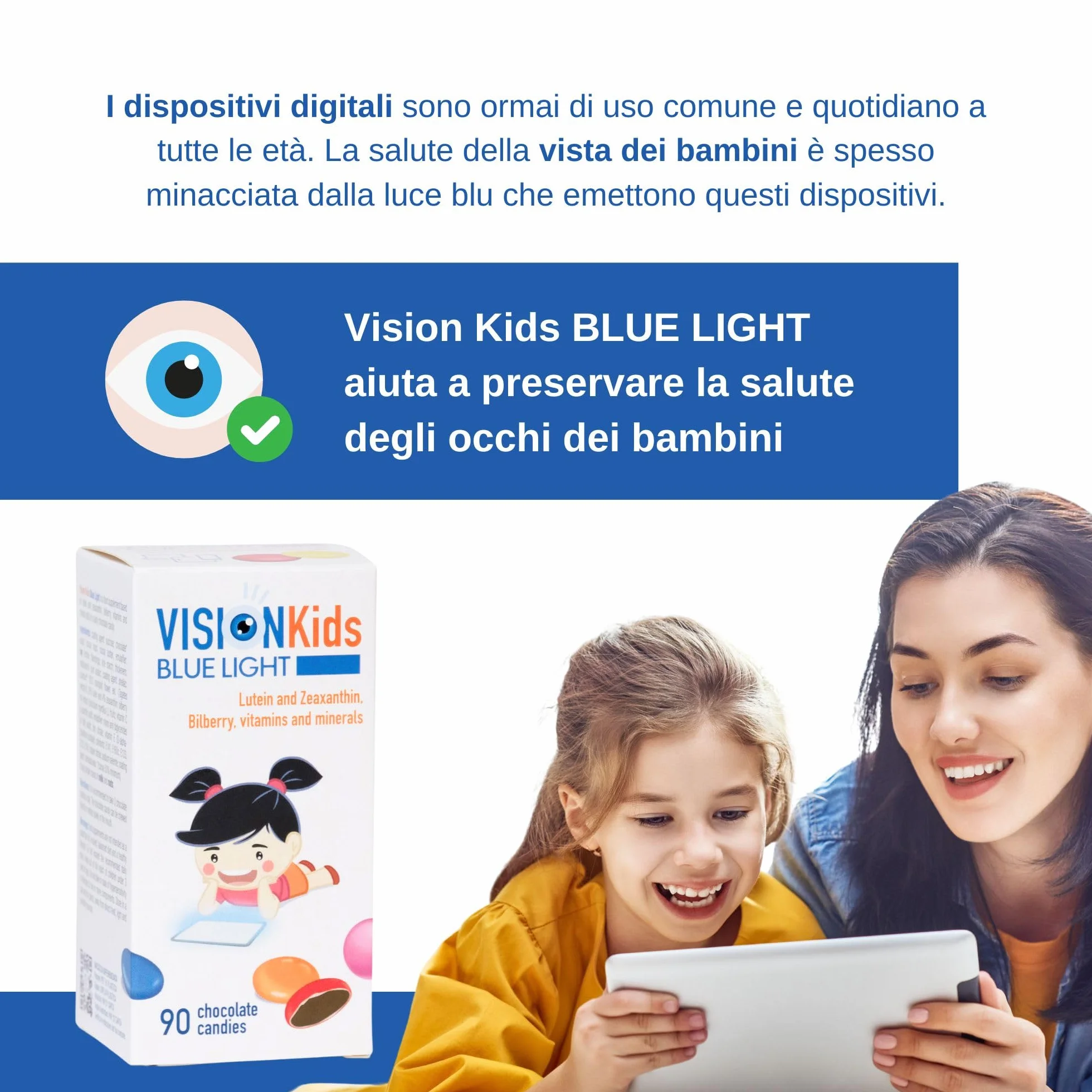 Integratore Occhi Luteina Zeaxantina Bambini 3+ Anni 90 Confetti Vision Kids BLUE LIGHT Protezione Retina Luce Blu