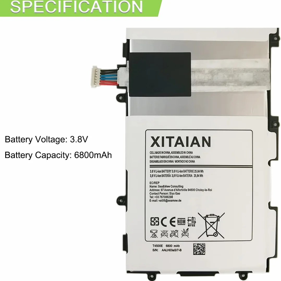 XITAIAN T4500E T4500C Batteria di Ricambio per Samsung Galaxy Tab 3 10.1 GT-P5200 (3G & WiFi) GT-P5210 (WiFi) GT-P5220 (LTE, 3G & WiFi) GT-P5213 P5210 P5200 P5220 P5213 3.8V 6800mAh