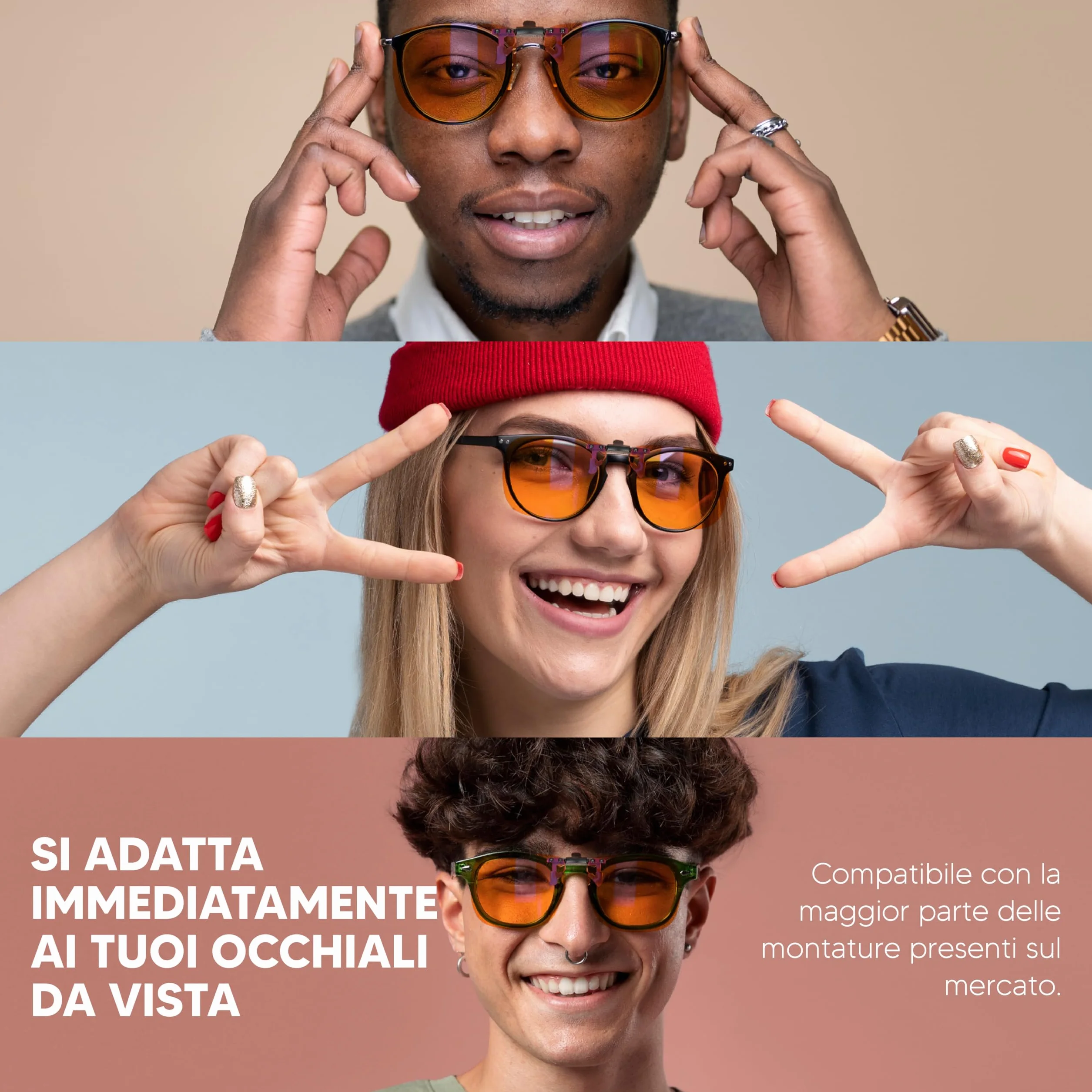 SUUM Clip-On con Morsetto Ribaltabile Filtro Luce Blu per Occhiali da Vista Lenti Arancioni Antiaffaticamento per Schermi Lettura Gaming Lavoro
