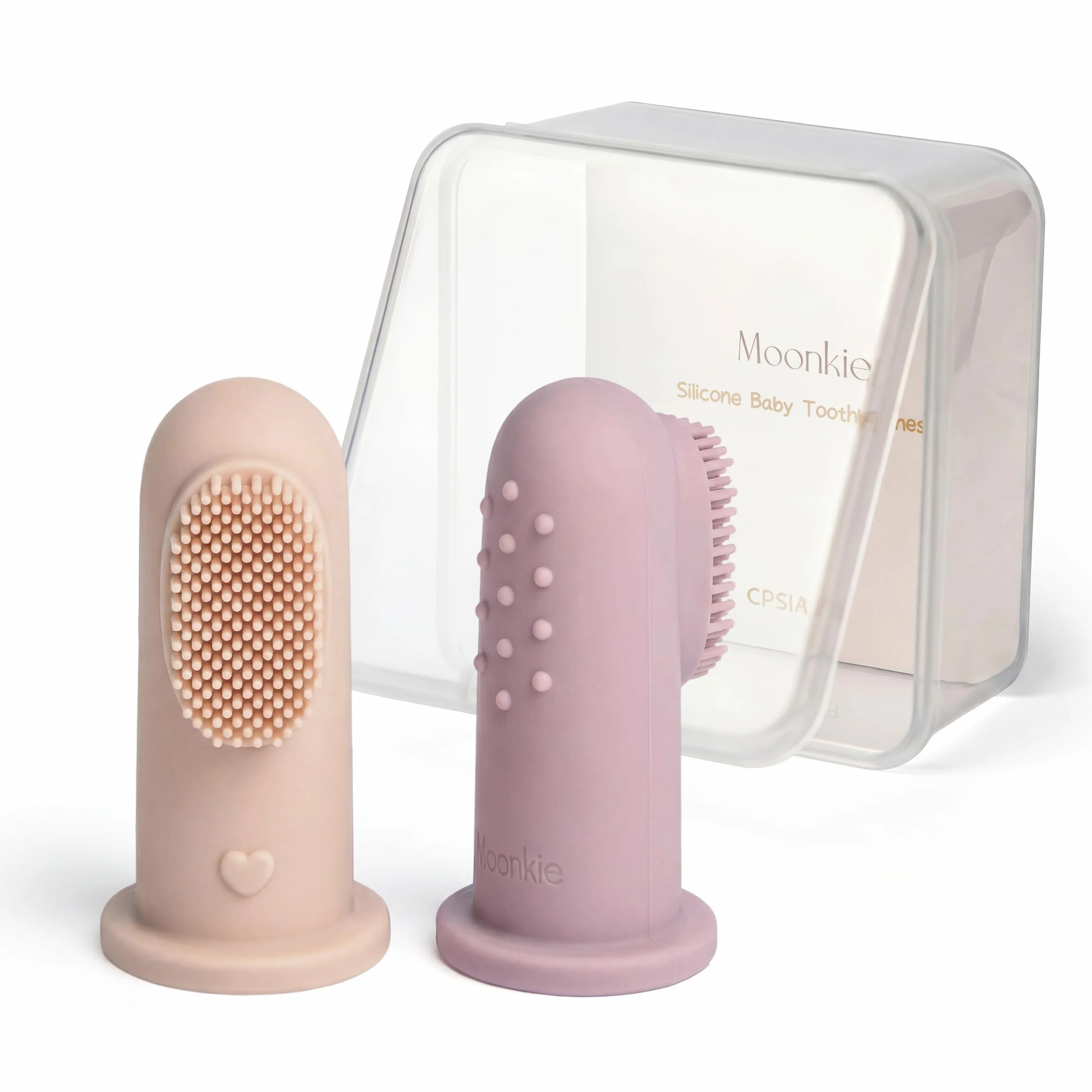 Moonkie Spazzolino Per Neonati 2 Pezzi Ditale In Silicone Senza BPA Pulizia Delicata Dei Denti E Massaggio Gengive Accessorio Per Igiene Orale 3+ Mesi Blush Viola Pallido