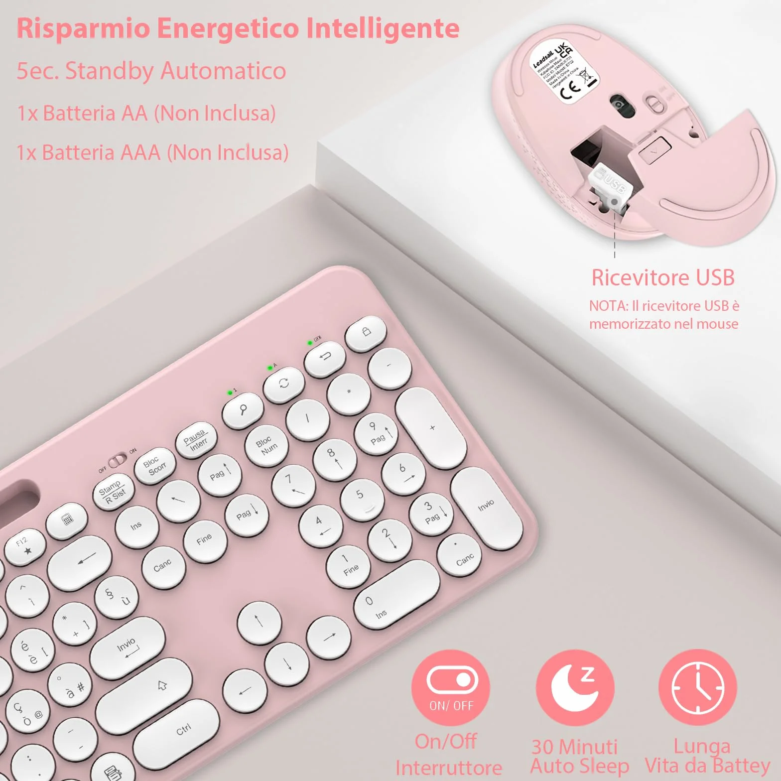 LeadsaiL Set Tastiera e Mouse Wireless, Italiano QWERTY 2.4GHz Full-Size Tastiera e Mouse Senza Fili con Supporto per Telefono e Tablet, Ergonomica, Tastierino Numerico per Computer, PC, Laptop-Rosa