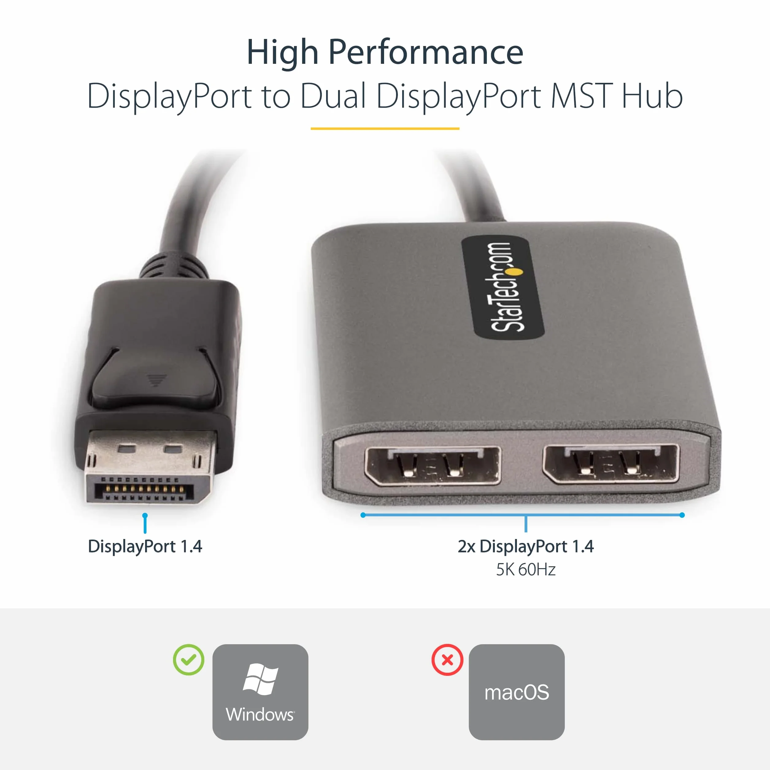 StarTech.com Hub MST DisplayPort a 2 Porte - Adattatore Multi-Monitor DP 1.4 a 2x DP 5K 60Hz - Splitter Video DisplayPort per Doppio Monitor - Cavo Integrato extrta lungo, Solo Windows (MST14DP122DP)