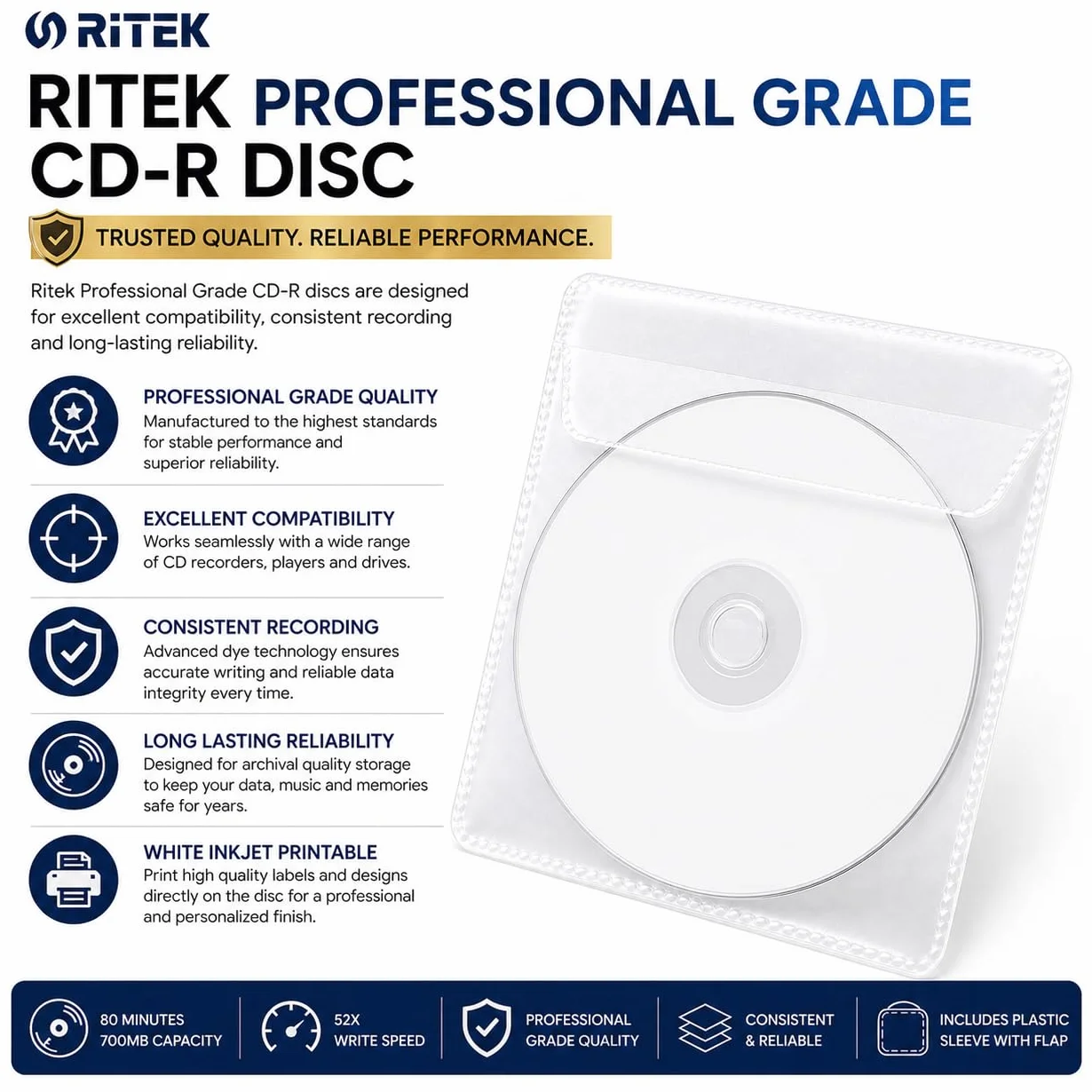 Dragon Trading - 10 dischi CD-R stampabili a getto d'inchiostro, 700 MB, 80 minuti, 52 x vuoti, con superficie stampabile su tutta la superficie, in custodie in plastica trasparente con patta