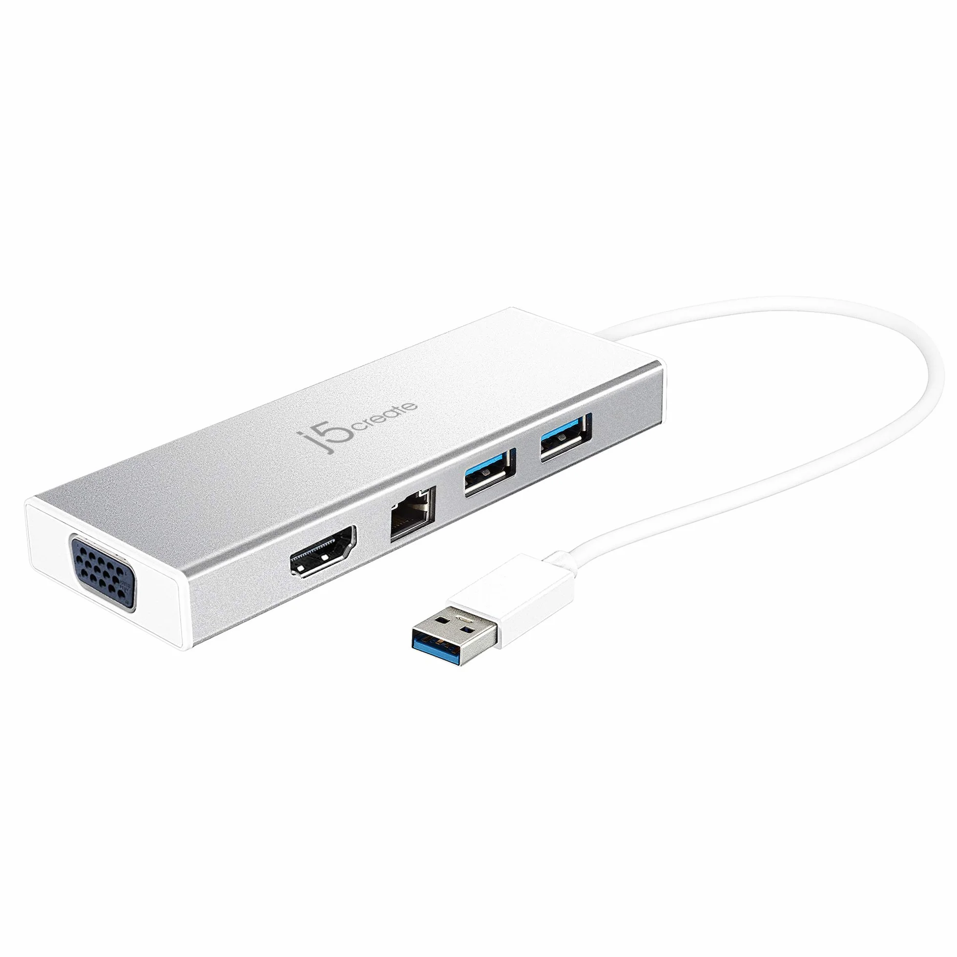 j5create Hub USB 3.0 con HDMI, VGA, RJ45 Gigabit Ethernet, 2 porte USB 3.1 Type-A Adattatore di trasferimento dati ad alta velocità per Mac, Windows, desktop-Supporta una risoluzione fino a 2K(JUD380)