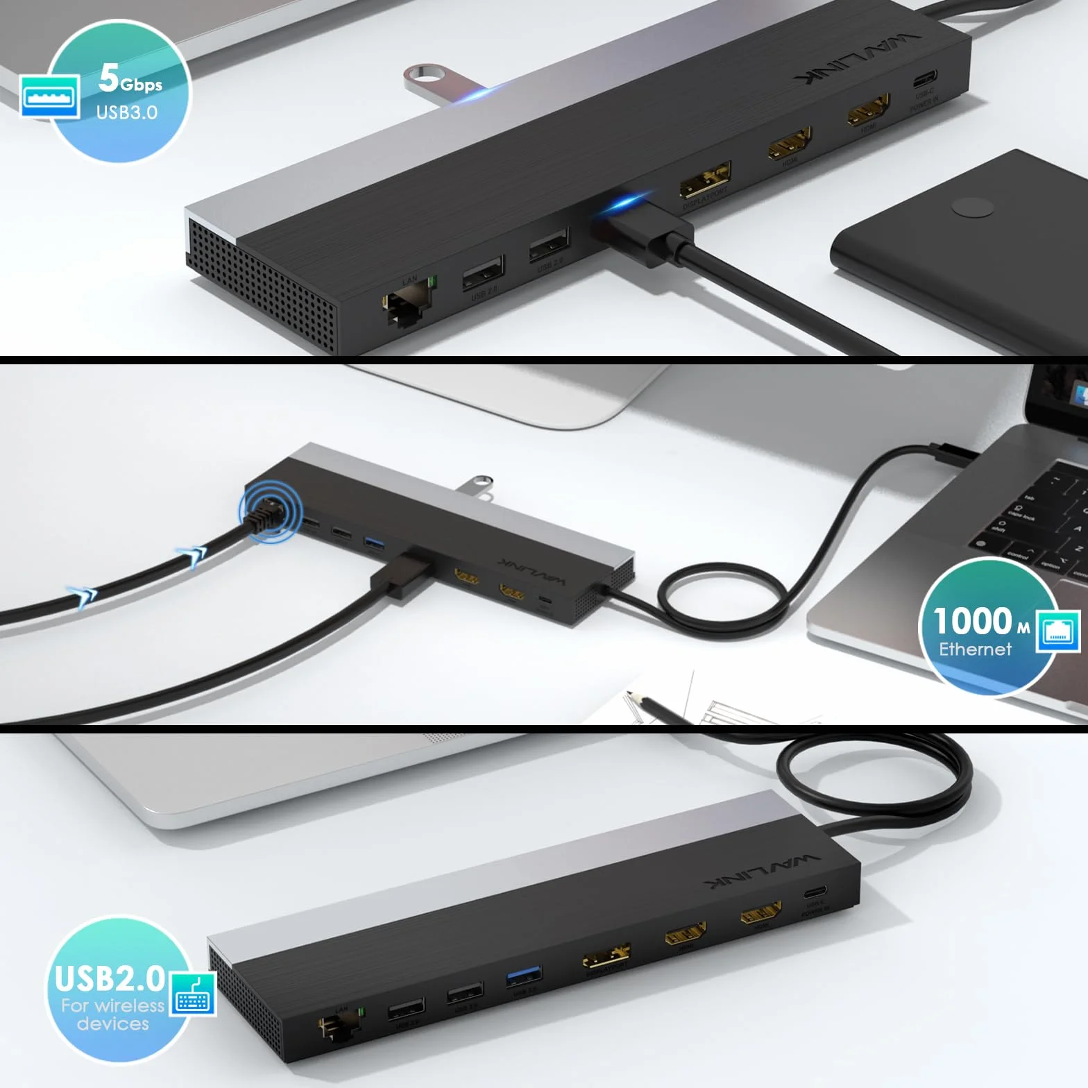 WAVLINK Docking Station USB C 3 monitor, Docking Station con Dual HDMI, DP, 100W PD, USB3.0&2.0, RJ45, slot SD/TF, audio/microfono, compatibile solo con computer Windows
