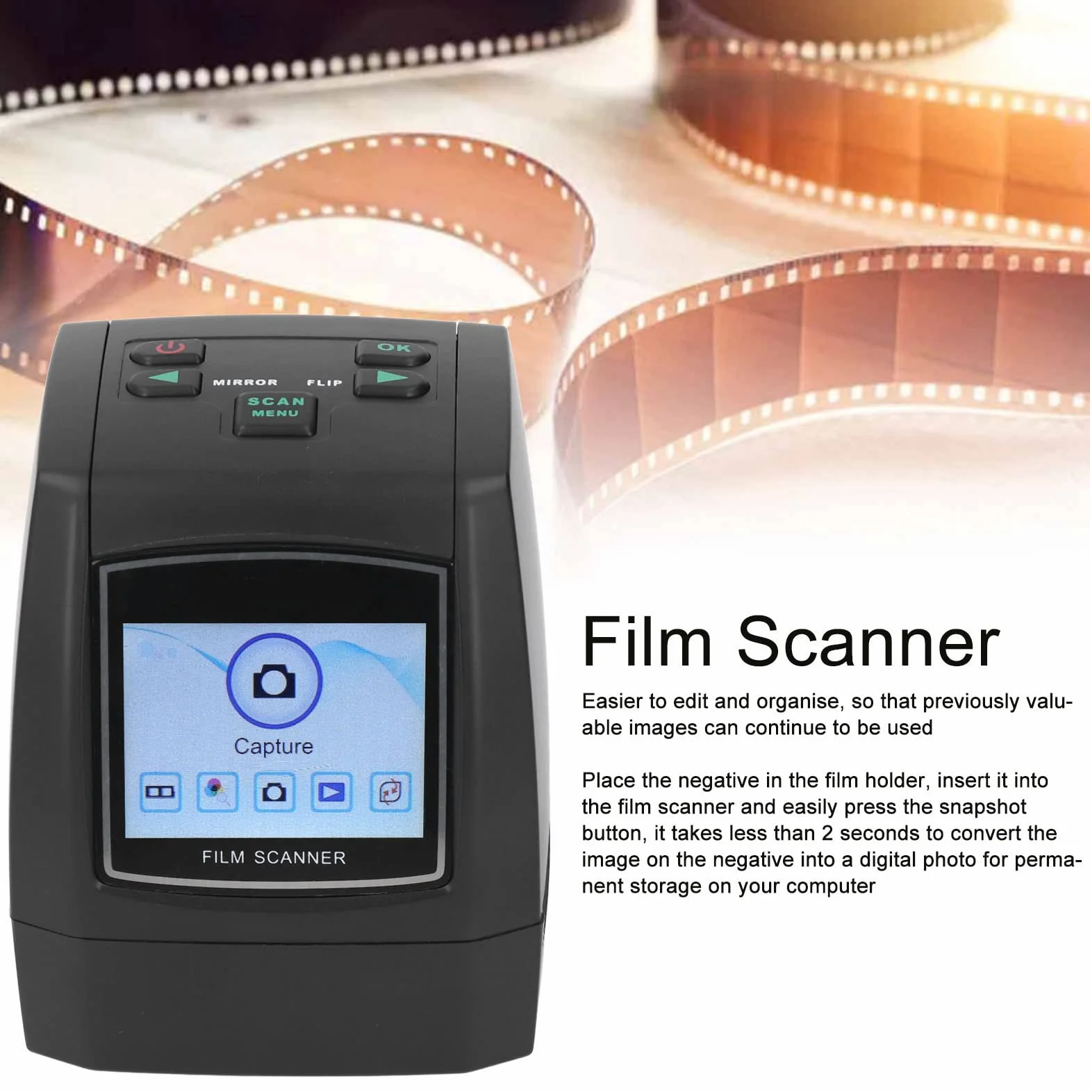 Fockety Scanner per pellicole Negative, USB2.0 22MP Display TFT a Colori da 2,4 Pollici Scanner per pellicole digitali USB 5V1A Scanner per Diapositive per studi fotografici Istituti di Ricerca TV