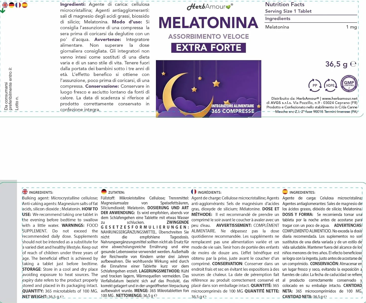 Melatonina Pura Extra Forte 365 Compresse Integratore