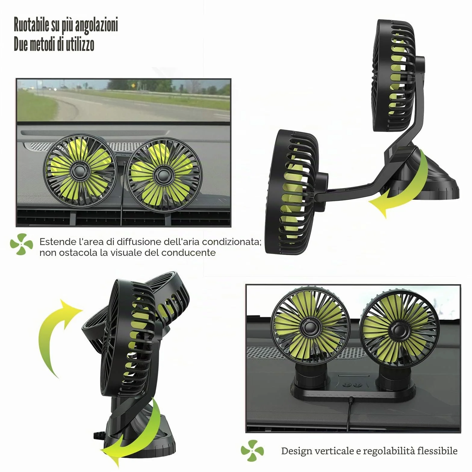 Ymenow 5V 2A Ventilatori USB a Doppia Testa, Ventilatore auto ventilatore portatile ventilatore da tavolo silenzioso ventilatore aria fredda con Rotazione di 360 Gradi per Auto, Cruscotto e Ufficio