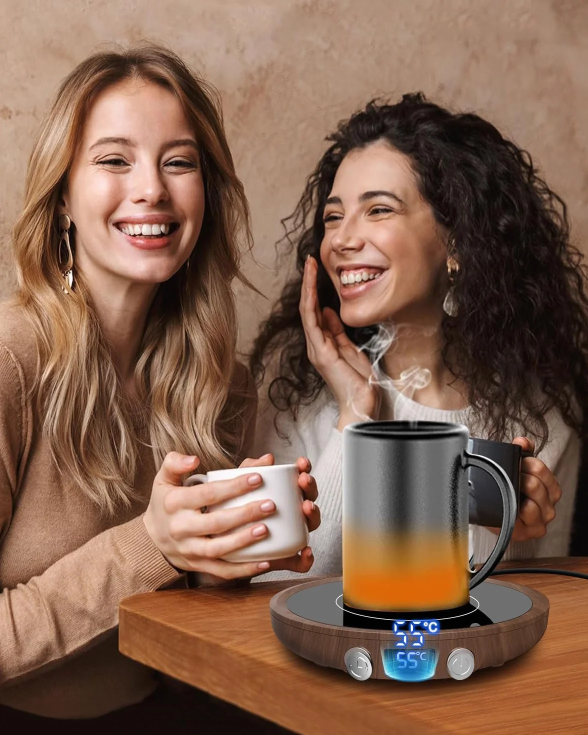 MQFORU, scalda tazze da caffè, scalda tazze con 3 livelli di temperatura, timer 2-12H, 4 ore, spegnimento automatico, piastra scalda bevande per caffè, tè, candela (venature del legno)