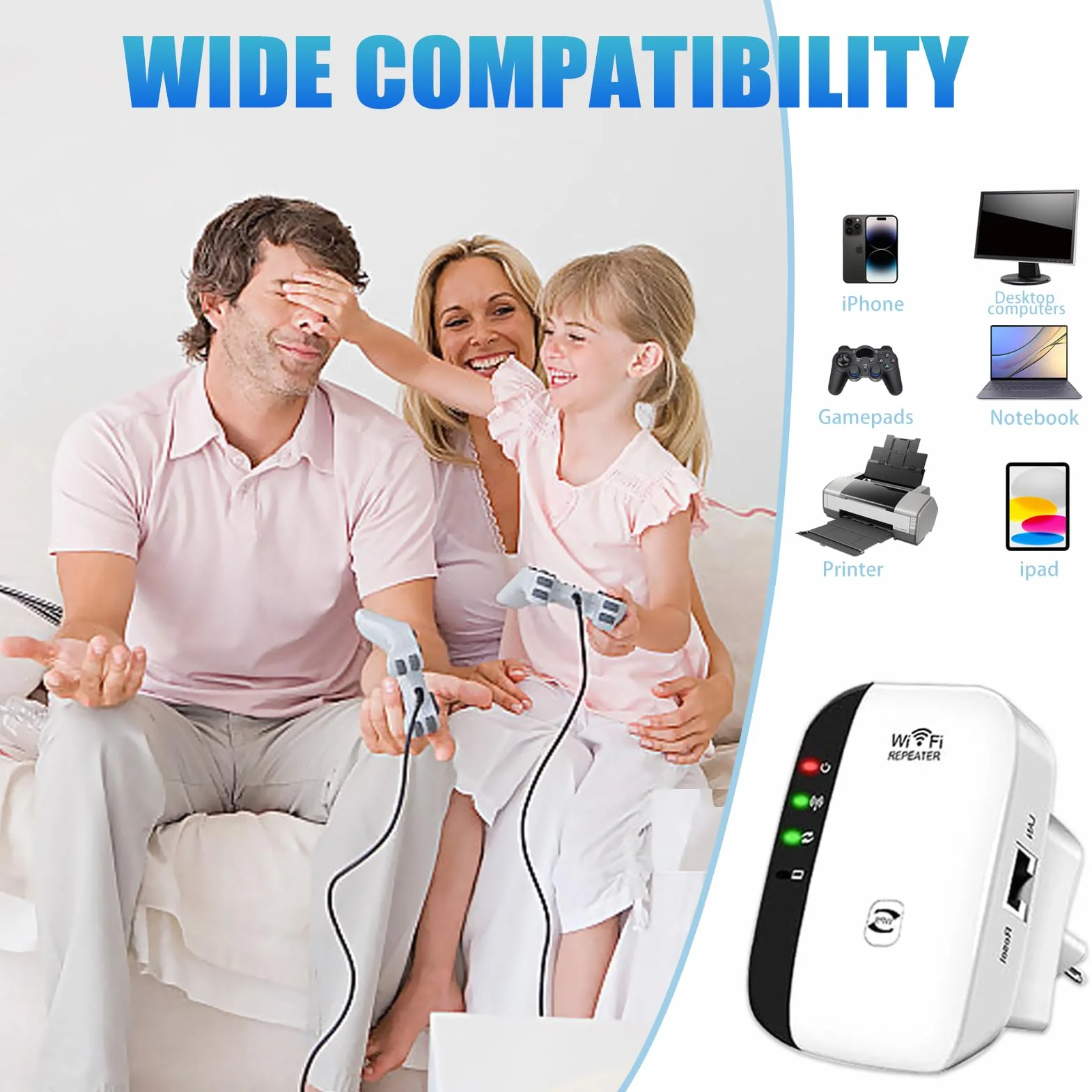 Ripetitore WiFi Potente, 2,4 GHz 300 Mbit/s Amplificatore WiFi con Modalità Ripetitore/Router/AP, Booster Wi-Fi Extender con Connessione Ethernet, Amplificatore Internet Fino a 5000 sq.ft e Tutti