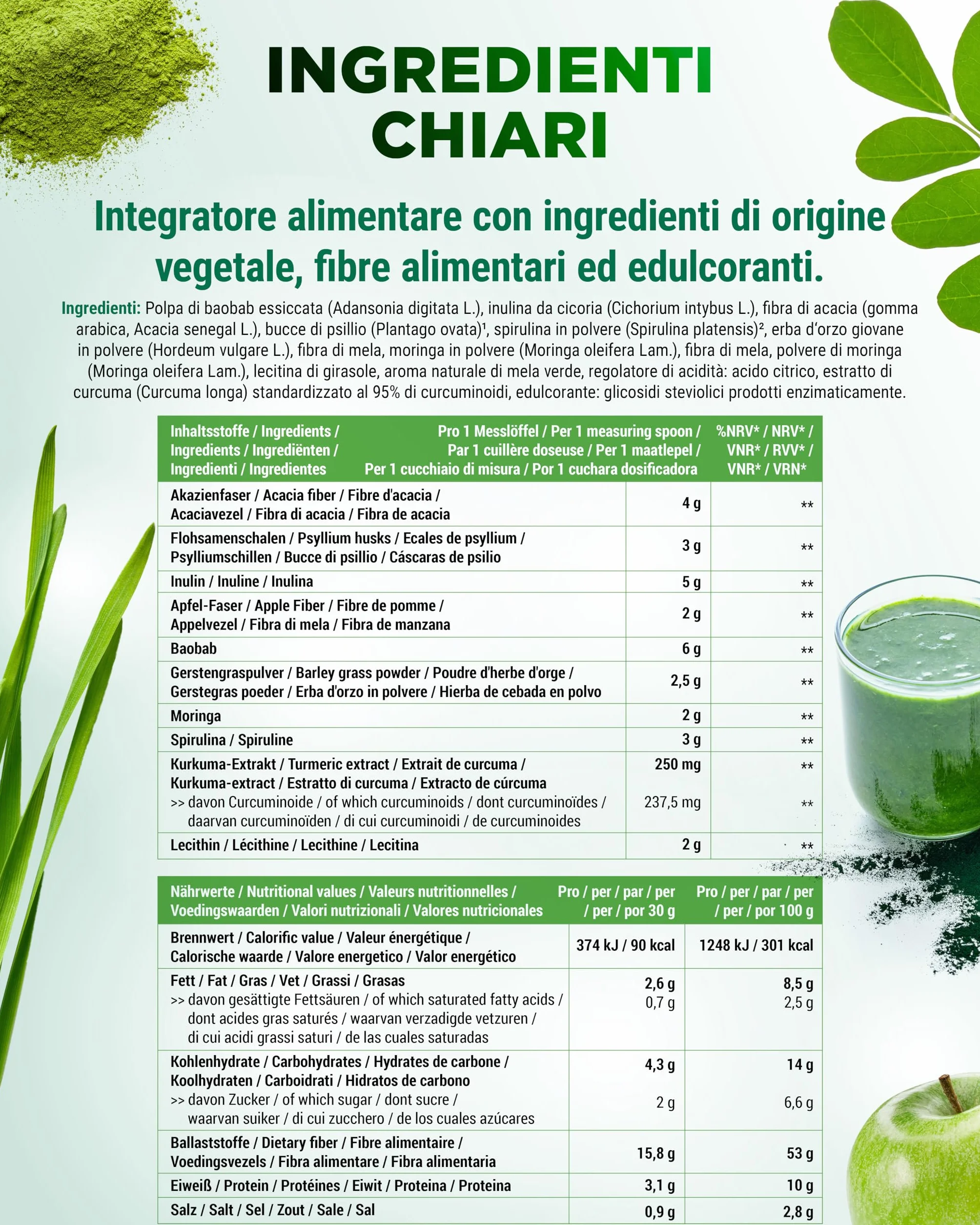 Daily Greens & Fibre Powder psillio spirulina moringa erba d'orzo inulina fibra di mela curcuma fibra di acacia lecitina 600 g Mela verde
