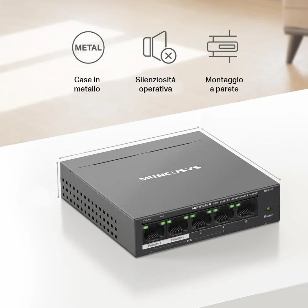 TP-Link Mercusys MS105GP PoE+ Switch 5 Porte Gigabit con 4 PoE+, 30W per Porta PoE, 65W su Tutte le Porte, 802.3af/at, Cassa in Metallo, Durevole e silenzioso, Sdoppiatore Ethernet, Plug&Play