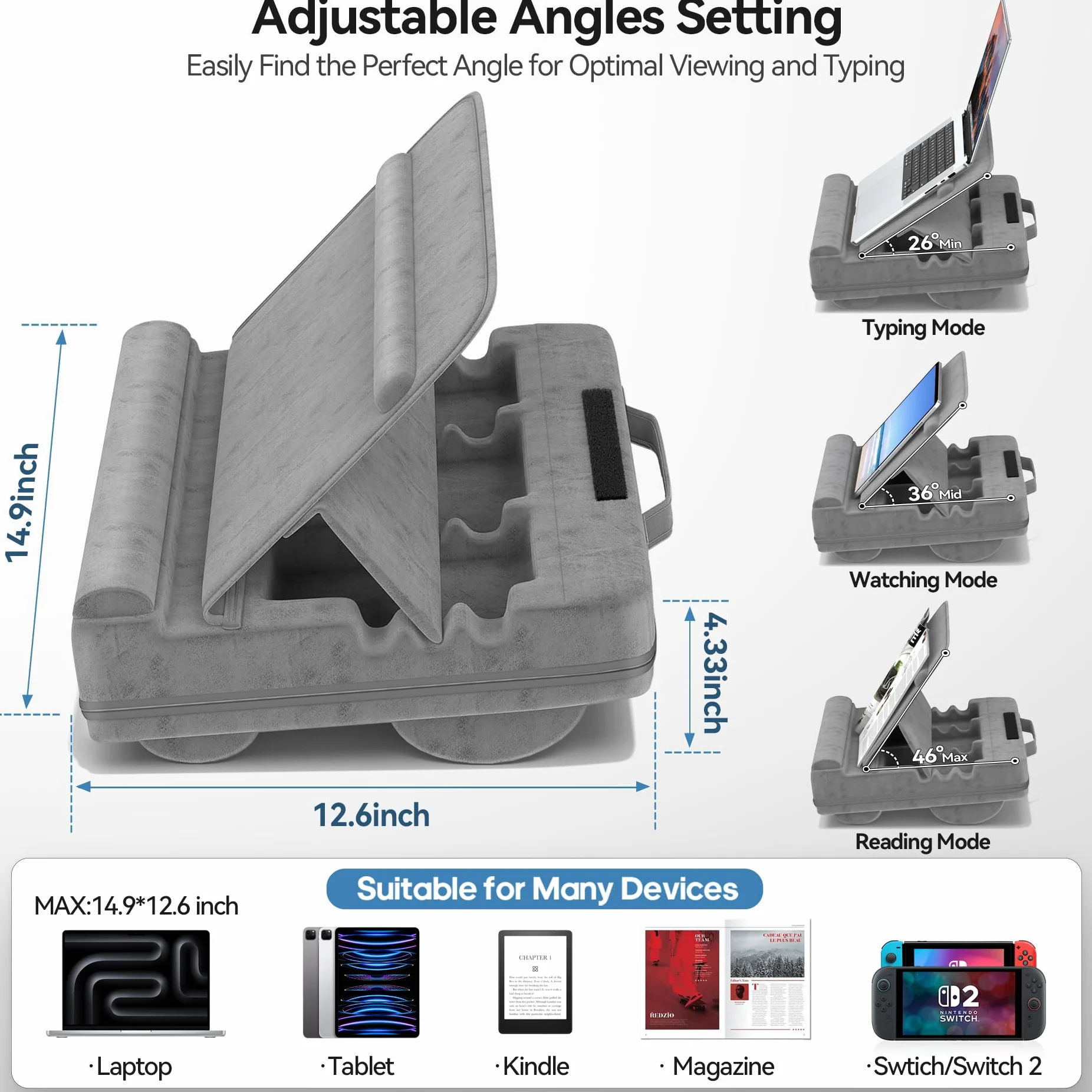 Cuscino per Computer Portatile, Porta PC Scrivania con 3 Angolazioni Regolabili, Cuscino Laptop con Poggiapolsi, Adatto a Laptop Fino a 16”, Supporto Laptop Scrivania Adatto per Lavoro e Domestico