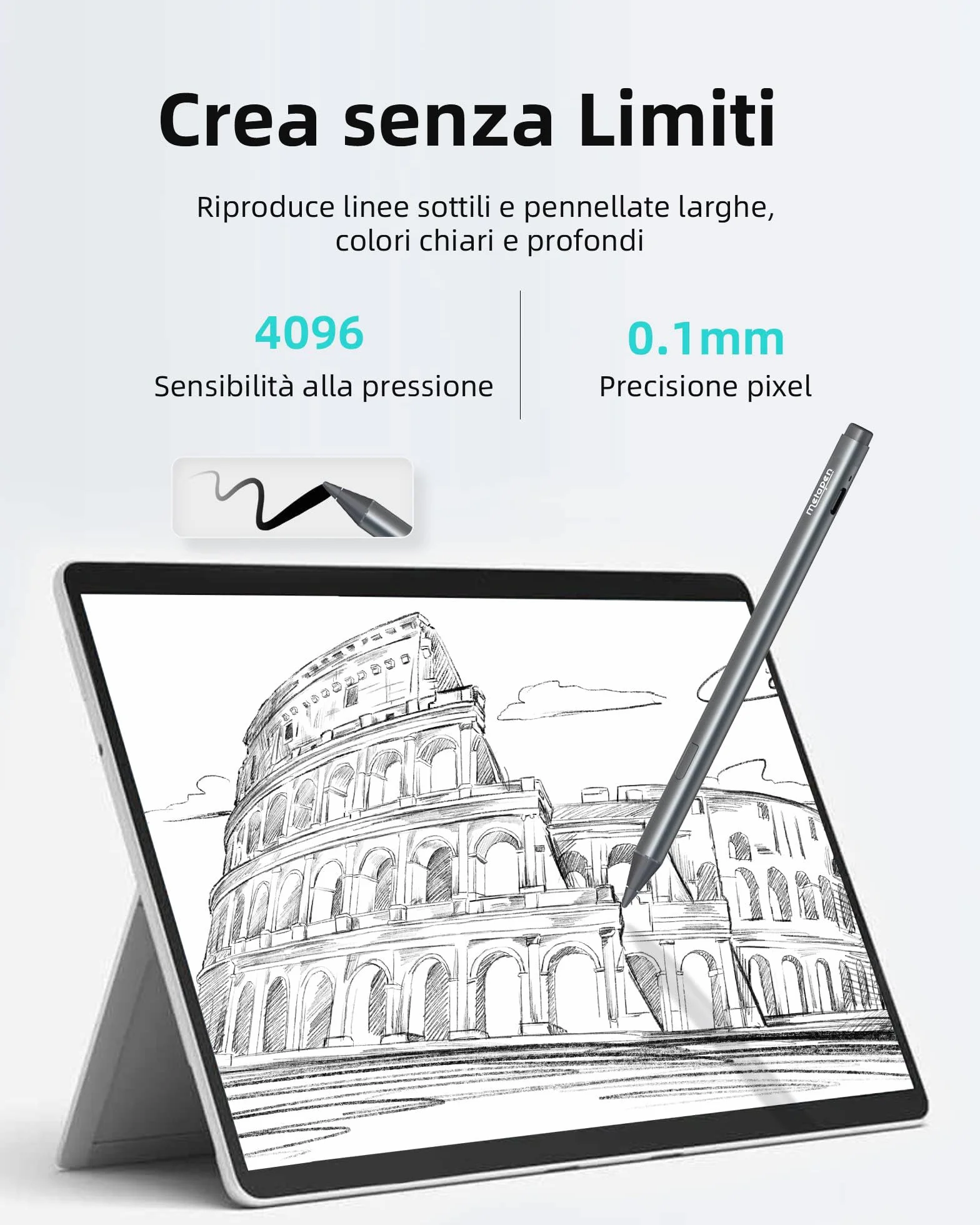 Metapen Penna M2 per Surface, 4096 Pressione,Gomme de Queue, Ricarica USB-C,Sensibile all’Inclinazione e Rifiuto del Palmo, per Surface Pro 11 Business/10/X/8/7/6/5/4/3,3,Studio, Duo,Laptop 2/3,Kobo