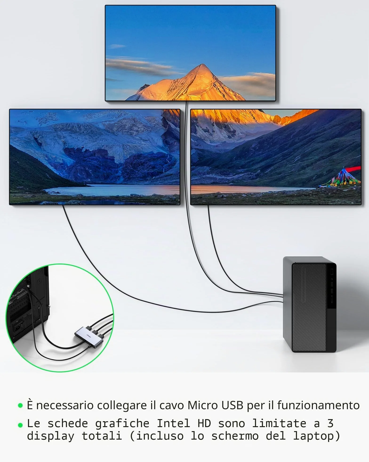 Splitter DisplayPort 1.4 a 3 porte - DisplayPort MST Hub Monitor Splitter | Supporta single 8K, Dual 4K 120Hz, 60Hz e 1080p 60Hz - Solo Windows