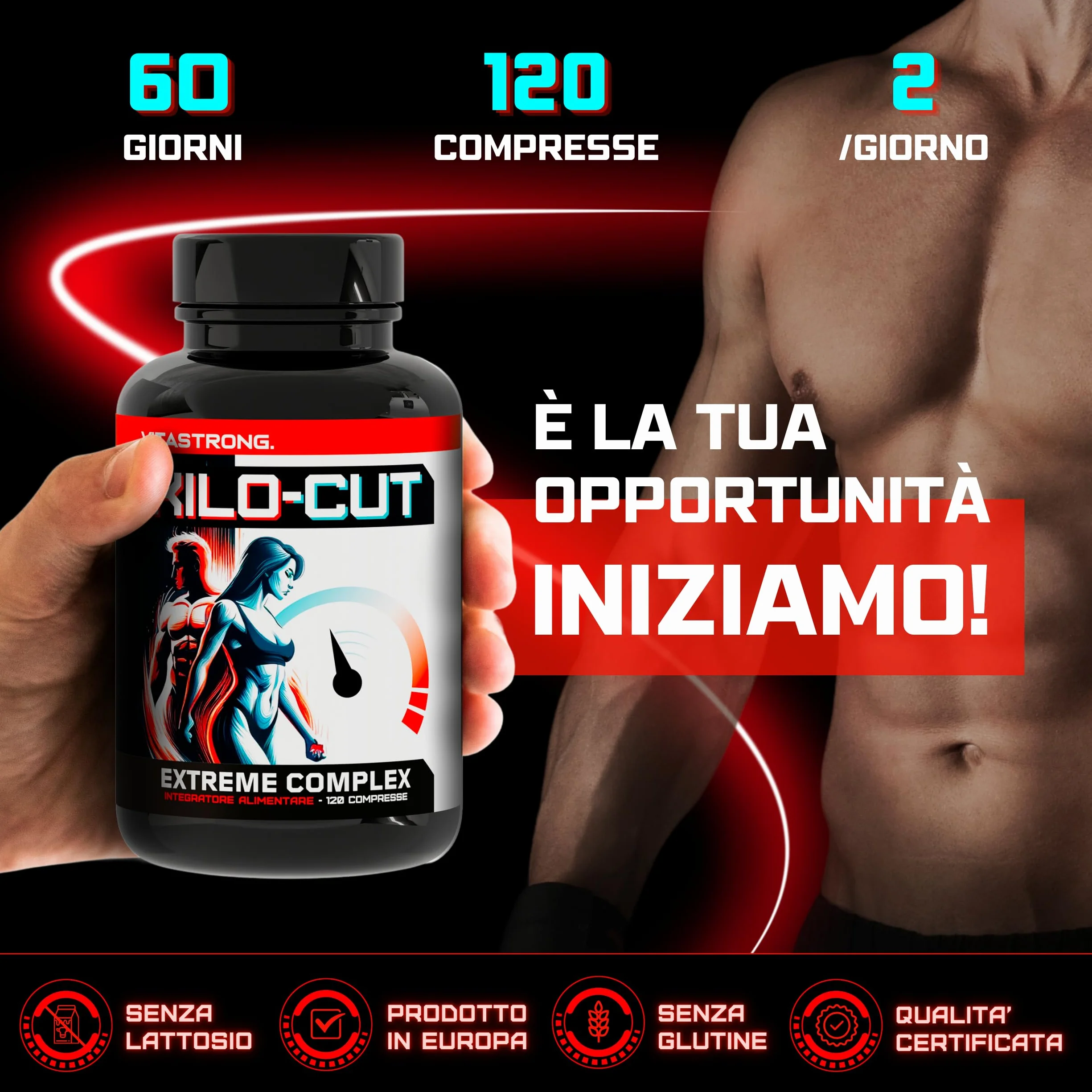Kilo-Cut Vitastrong Vegan Integratore Dietetico con Glucomannano, Garcinia, L-Carnitina, Matcha, Colina, Fico d'India e Cromo
