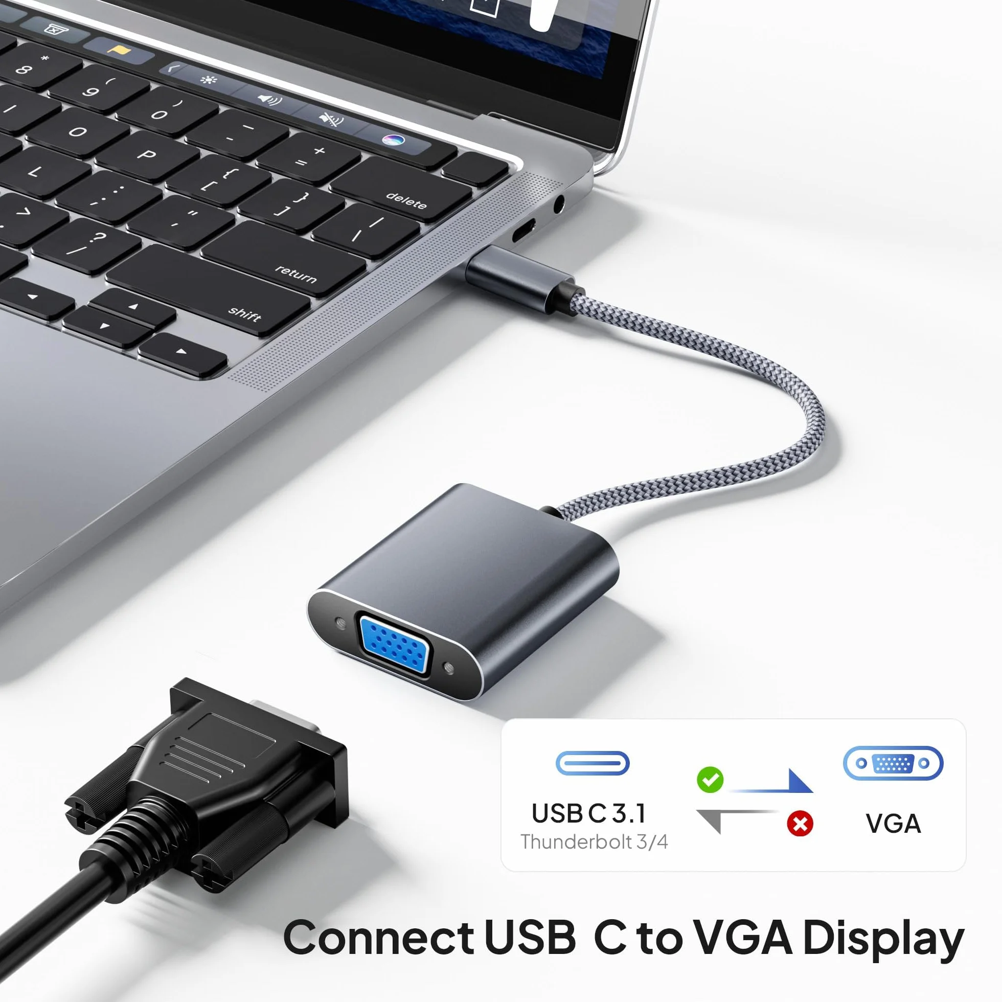 Elebase Adattatore da USB-C a VGA, Convertitore Tipo C a VGA per iPhone 15, MacBook Air, iPad, Samsung Galaxy Tab