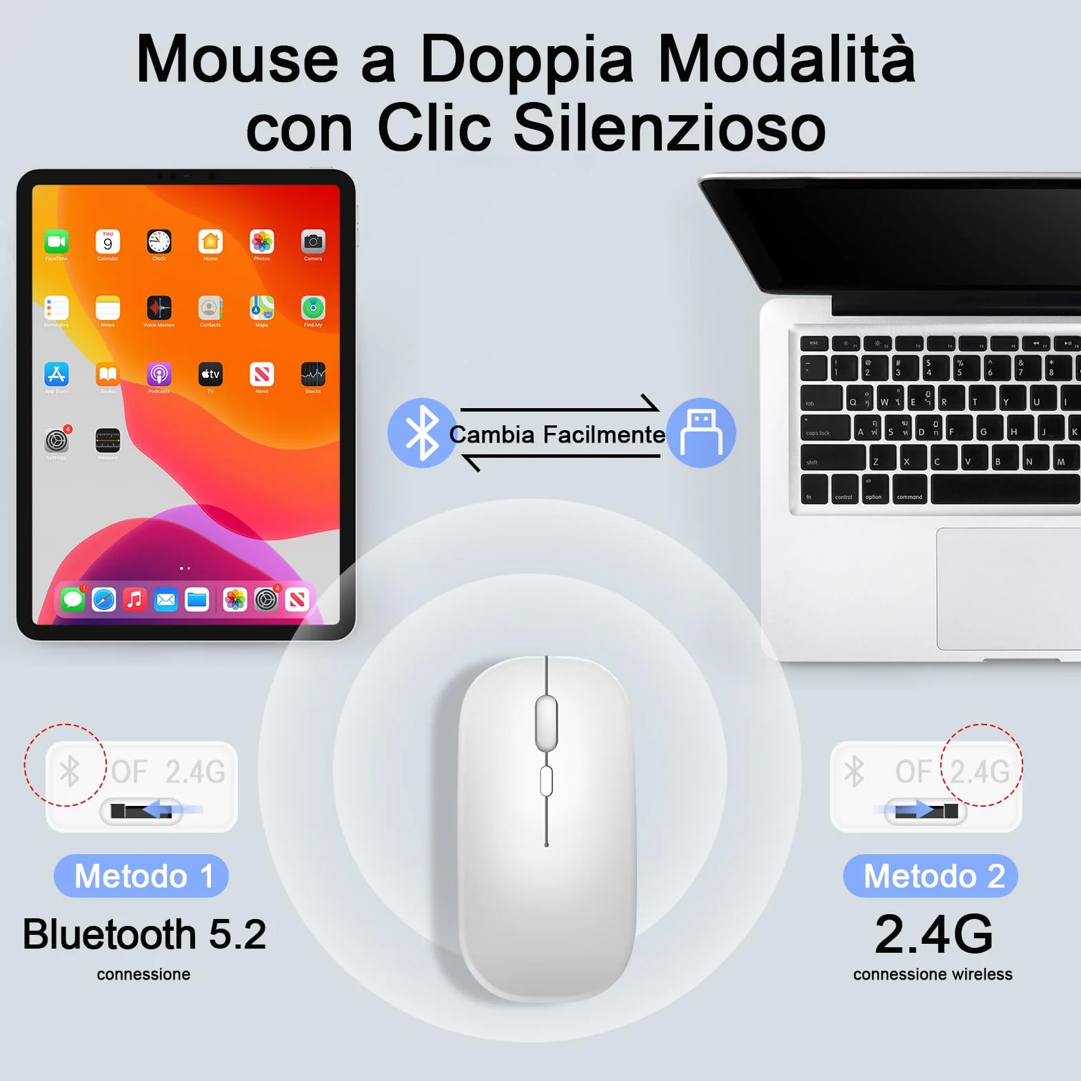 SOPPY Tastiera e Mouse Bluetooth Portatili, Universale Ricaricabile per Tablet, Wireless per iPad/Samsung Tab/Lenovo Tab/iOS/Android/Windows, Layout Italiano (Bianco)