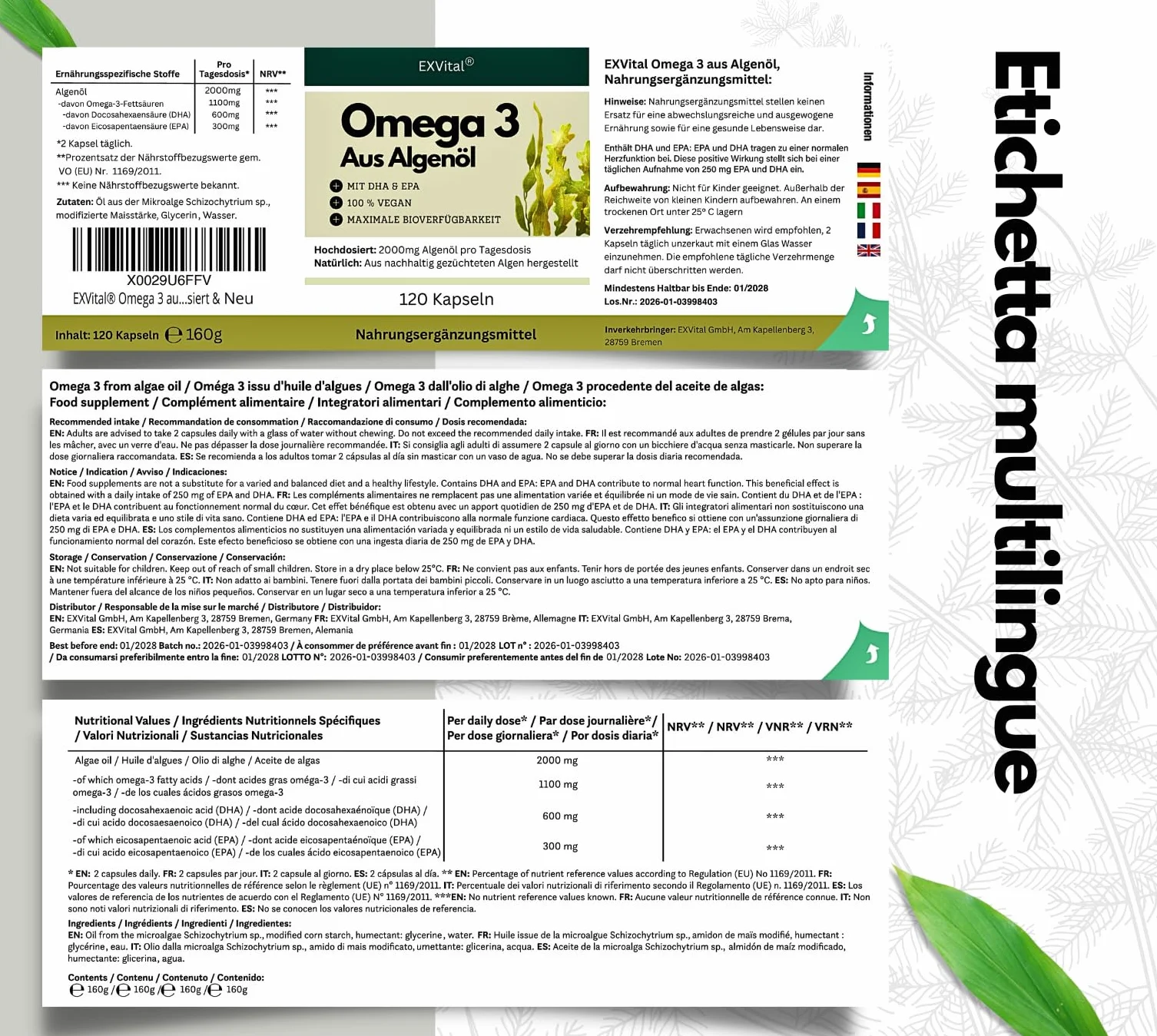 EXVital Omega 3 da olio di alghe vegano 120 capsule softgel 2000 mg 600 mg DHA 300 mg EPA