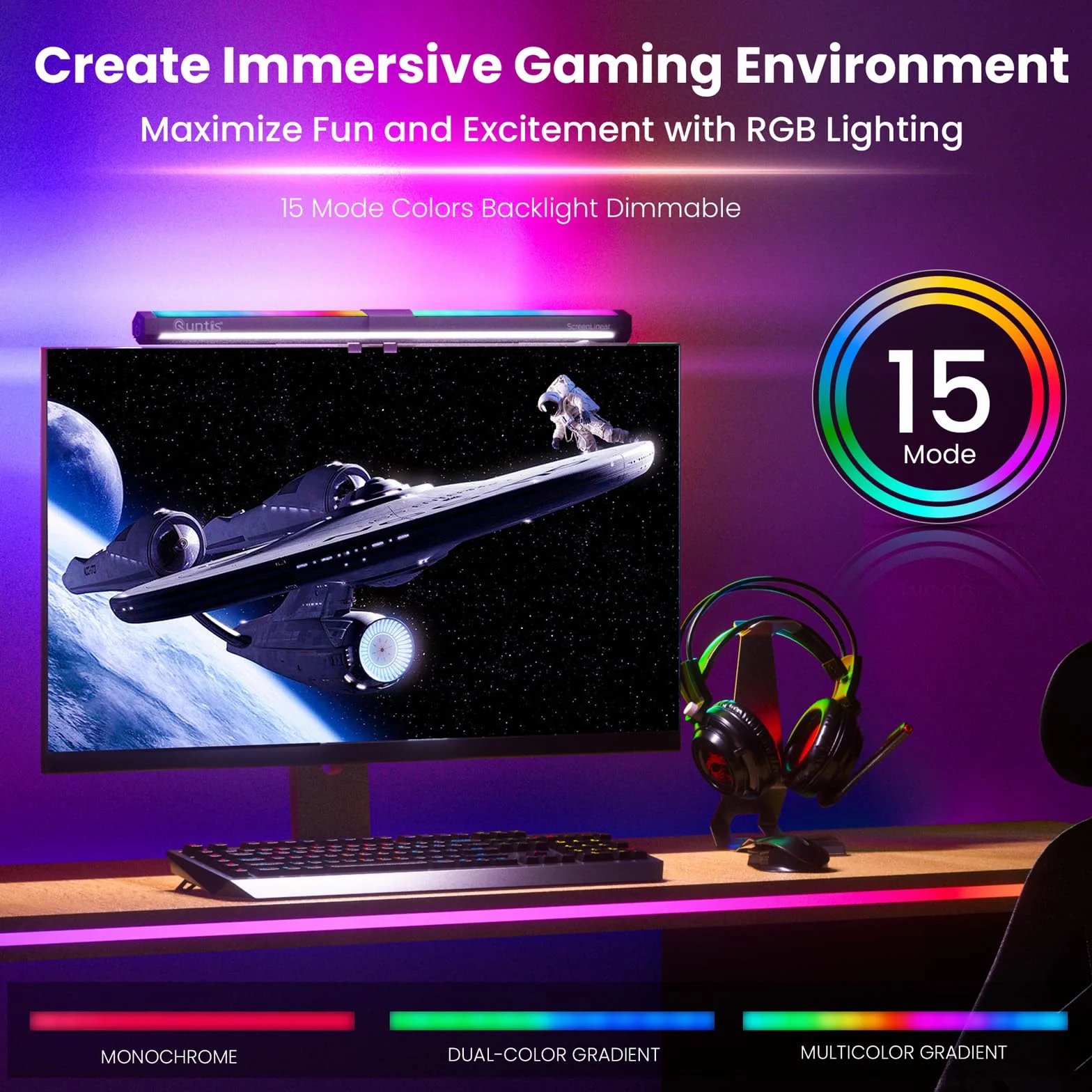 Quntis 40cm Lampada Computer RGB, Light Bar Con Doppia Modalità, Tricolore, USB Luce Schermo PC per Casa e Ufficio, Protezione Occhi - Nero