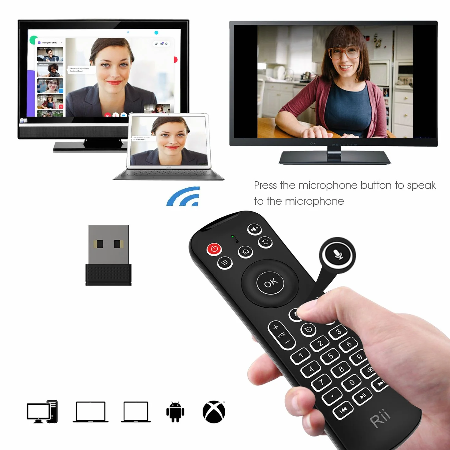 Rii Mini MX6+ (Wireless + IR) - Telecomando con Mouse giroscopico, Tastiera retroilluminata e Microfono integrati per Smart TV Android, TV Box, PC Windows e Mac