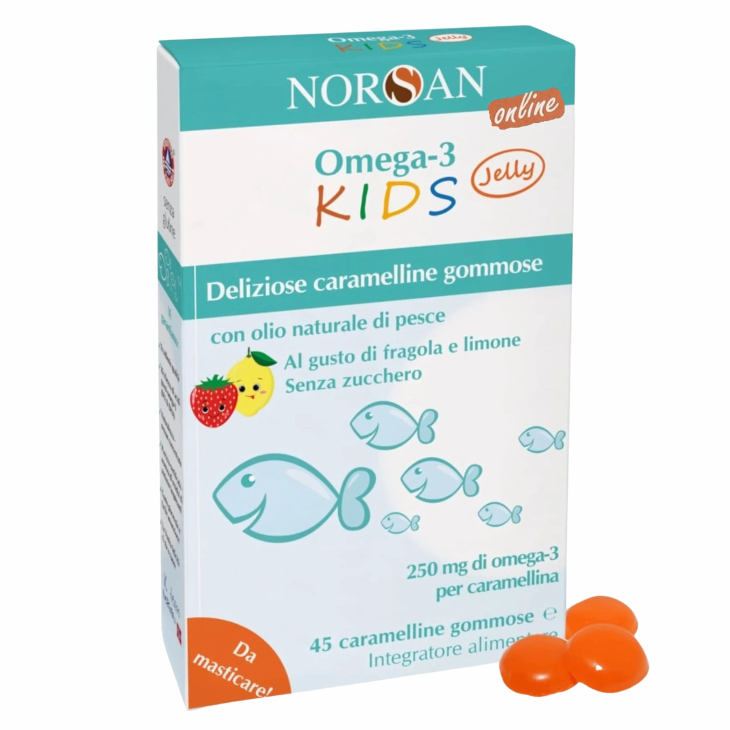 NORSAN Omega 3 bambini FISK Jelly 45 caramelline masticabili alla frutta con olio di pesce EPA DHA Vitamina D