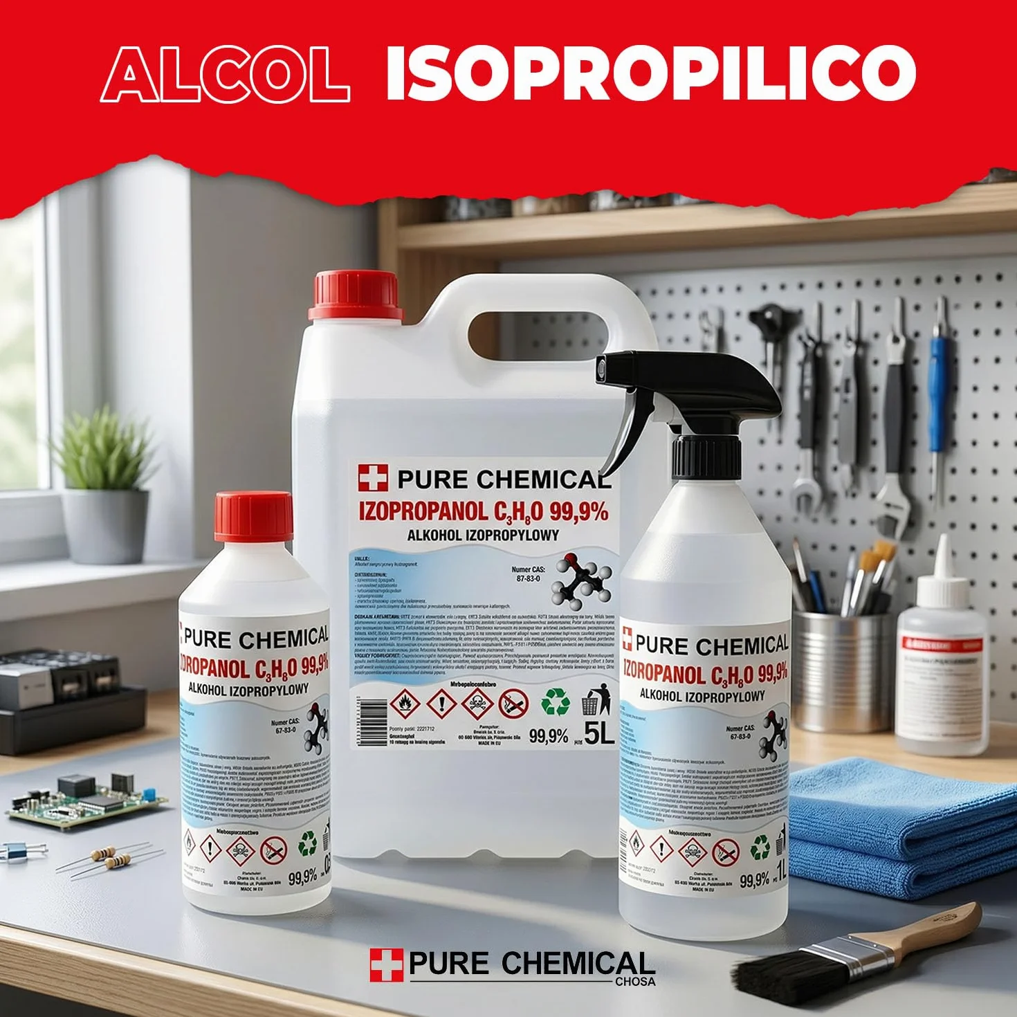 CHOSA Alcool Isopropilico 99,9% Spray 1 Litro - IPA per Pulizia Elettronica Schermo Monitor Telefono PC