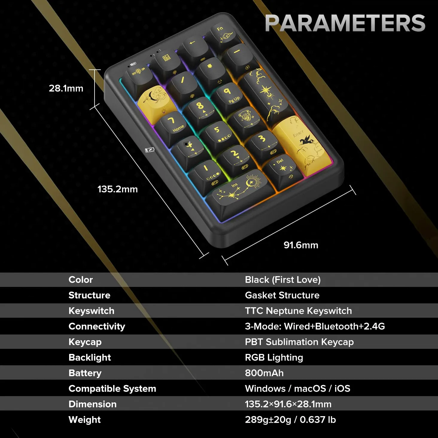 NumberPad, 21 tasti hotswappable, tastiera numerica wireless Bluetooth 5.0/2.4G/Type-C, tastiera numerica ricaricabile, struttura guarnizione RGB, tastiera meccanica con copritasti in PBT, per PC