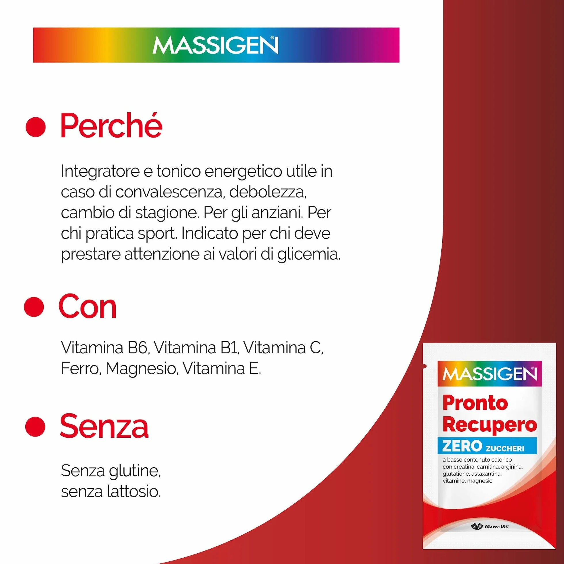 MASSIGEN Pronto Recupero Zero Zuccheri Integratore Tonico Energetico con Carnitina Creatina Arginina 14 Bustine