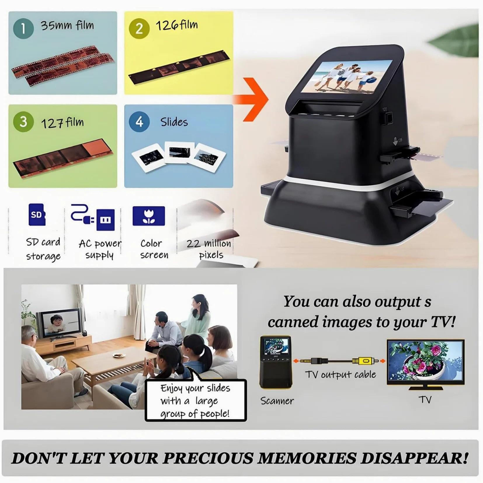 120 126 127 135 Scanner per Pellicole, Scanner per Pellicole E Diapositive da 22 MP Scanner per Negativi Scanner per Diapositive Visualizzatore di Diapositive con Schermo LCD da 4,3 Pollici