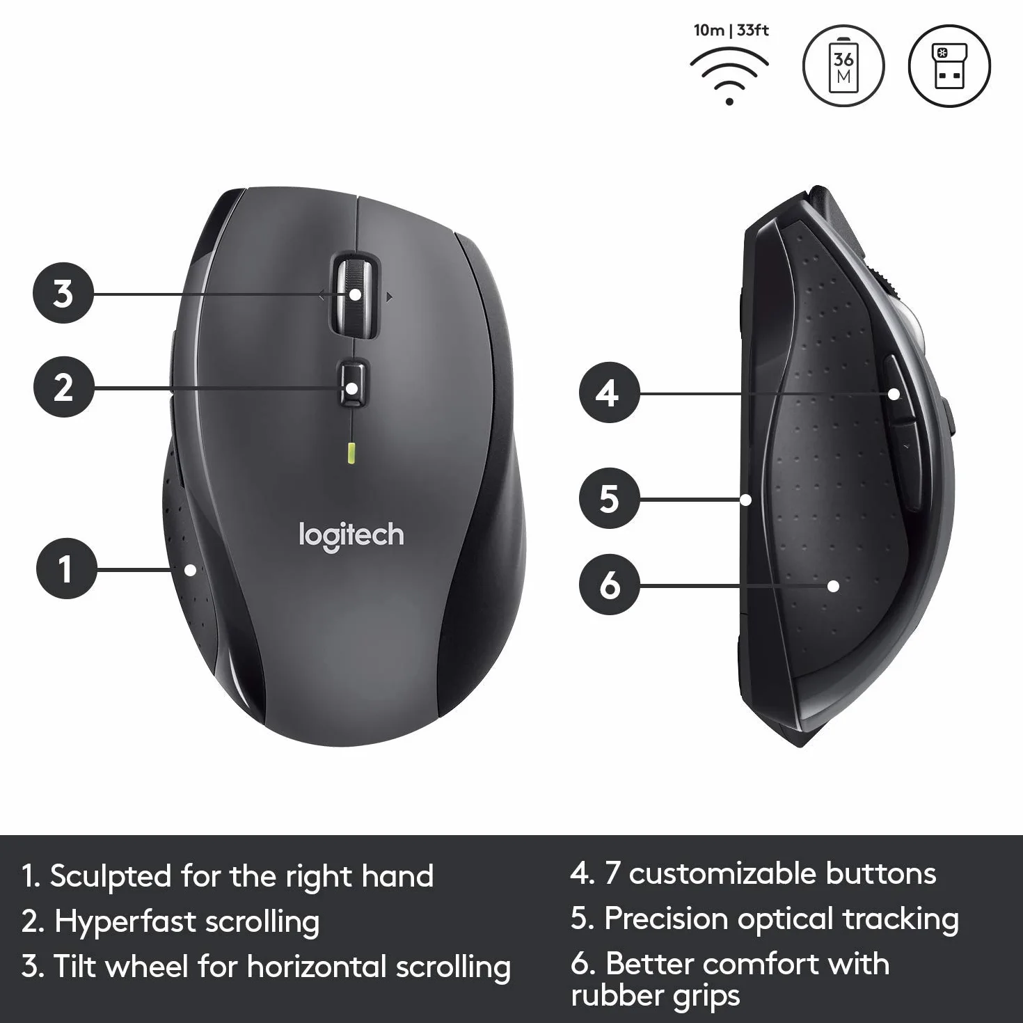 Logitech M705 Wireless Mouse Nero Ricondizionato per Windows Mac Laptop Computer