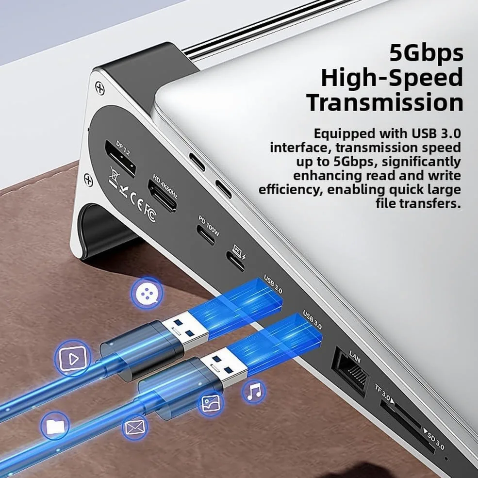 Supporto per laptop in alluminio con doppio hub 4K 100W per laptop in | Design pieghevole, leggero e portatile, adatto per zaini, viaggi d'affari, uso domestico e ufficio