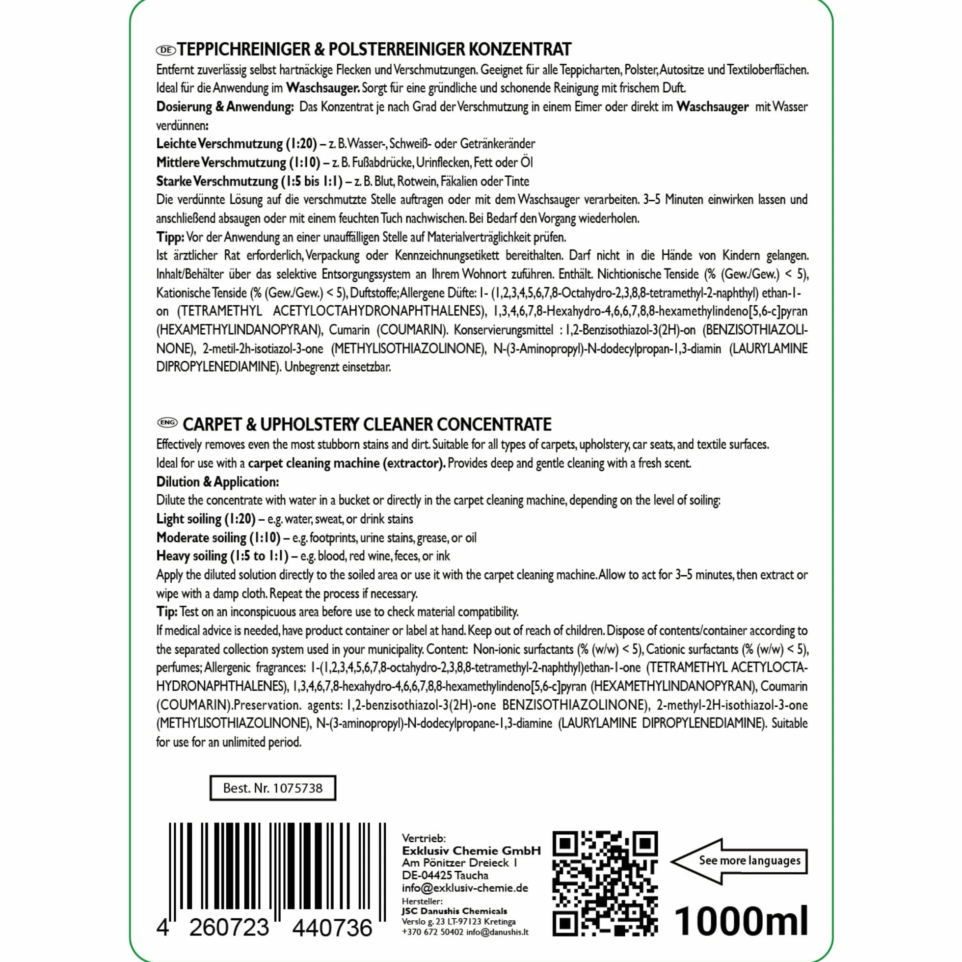 Exklusiv Chemie Detergente concentrato per tappeti 1L per aspirapolvere lavanti