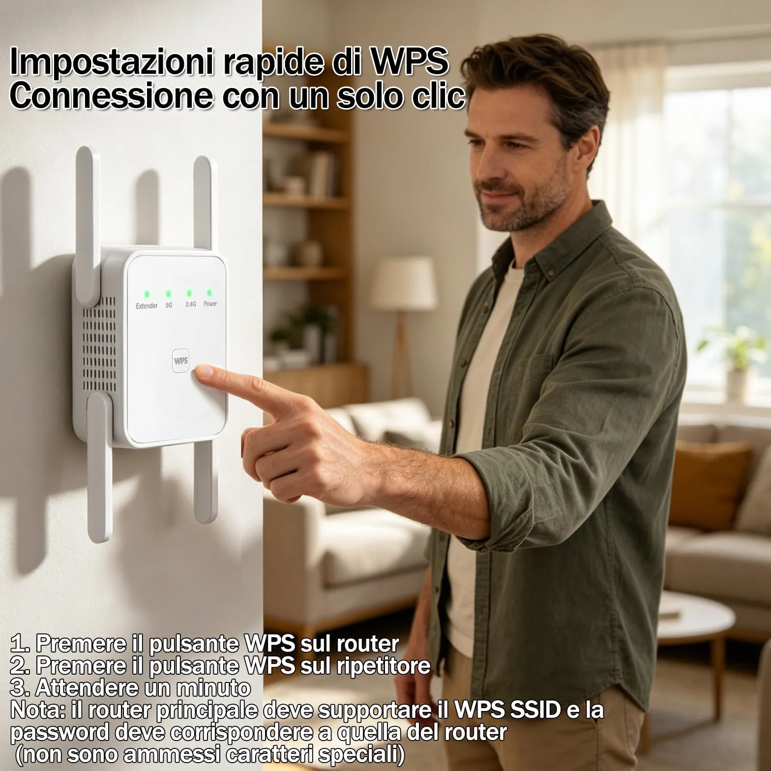 Amplificatore Wi-Fi, 1200Mbps WiFi Extender Dual Band 2.4GHz/5GHz con 4 Antenne ad Alto Guadagno, Ripetitore WiFi Potente per Casa,Porta LAN, WPS, Access Point, Supporta 2 Modalità