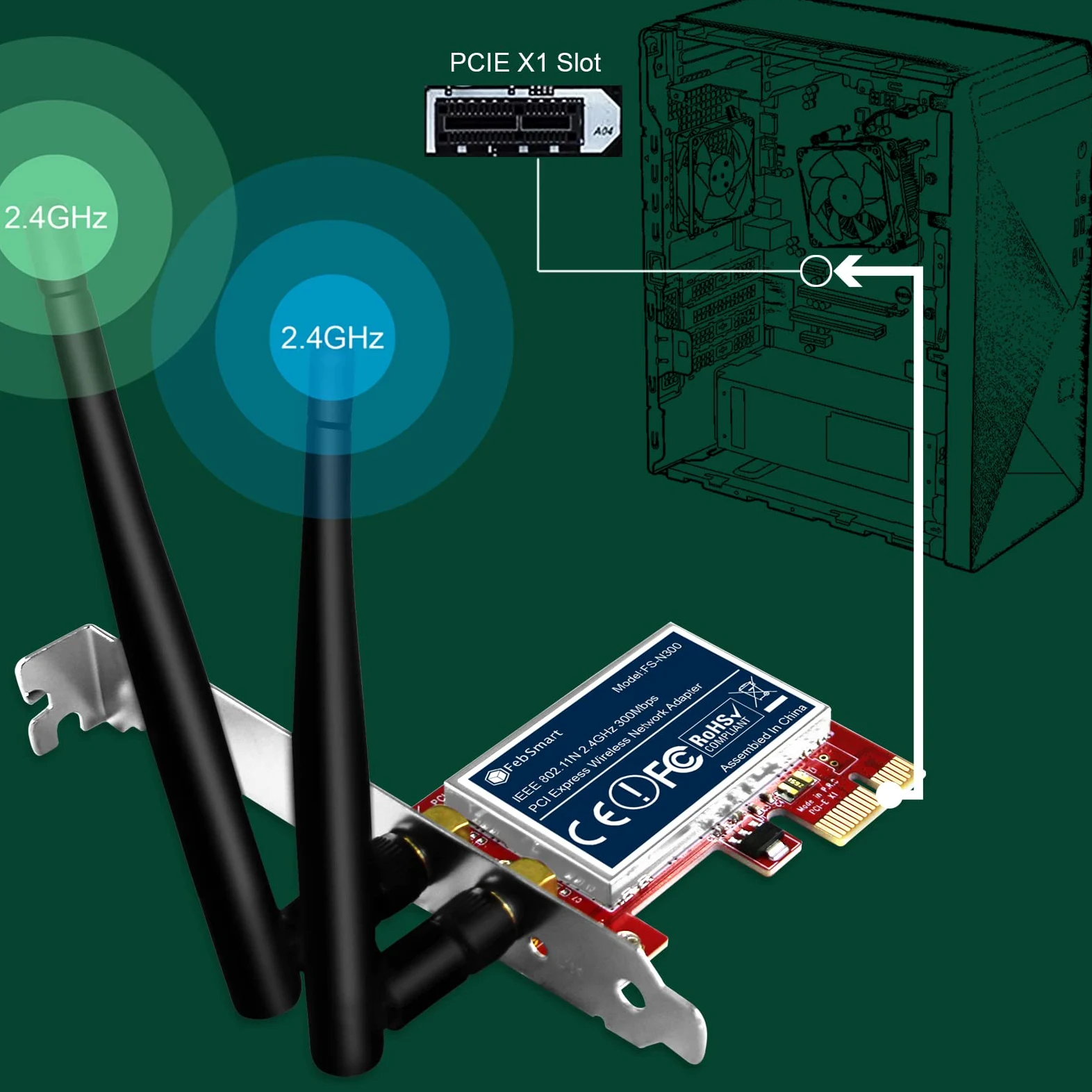Wireless N 2.4 GHz 300 Mbps PCIe Scheda WiFi Adattatore di Rete Wireless per PC Windows, PCIe, PCIe WiFi Compatibile (fs-n300)