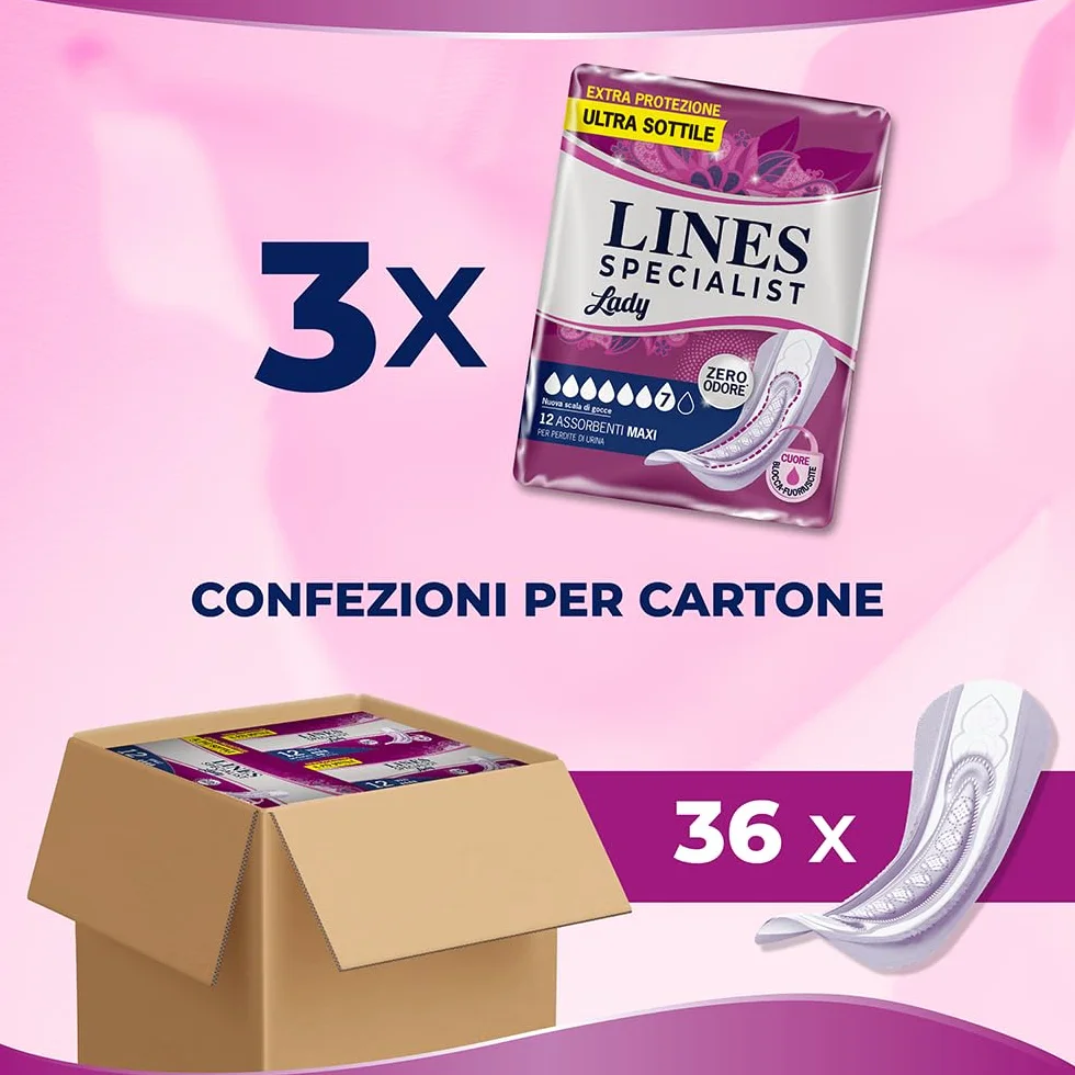 Lines Specialist Lady Maxi Assorbenti Incontinenza Donna Zero Odore Barriere Laterali 3x12 Unità