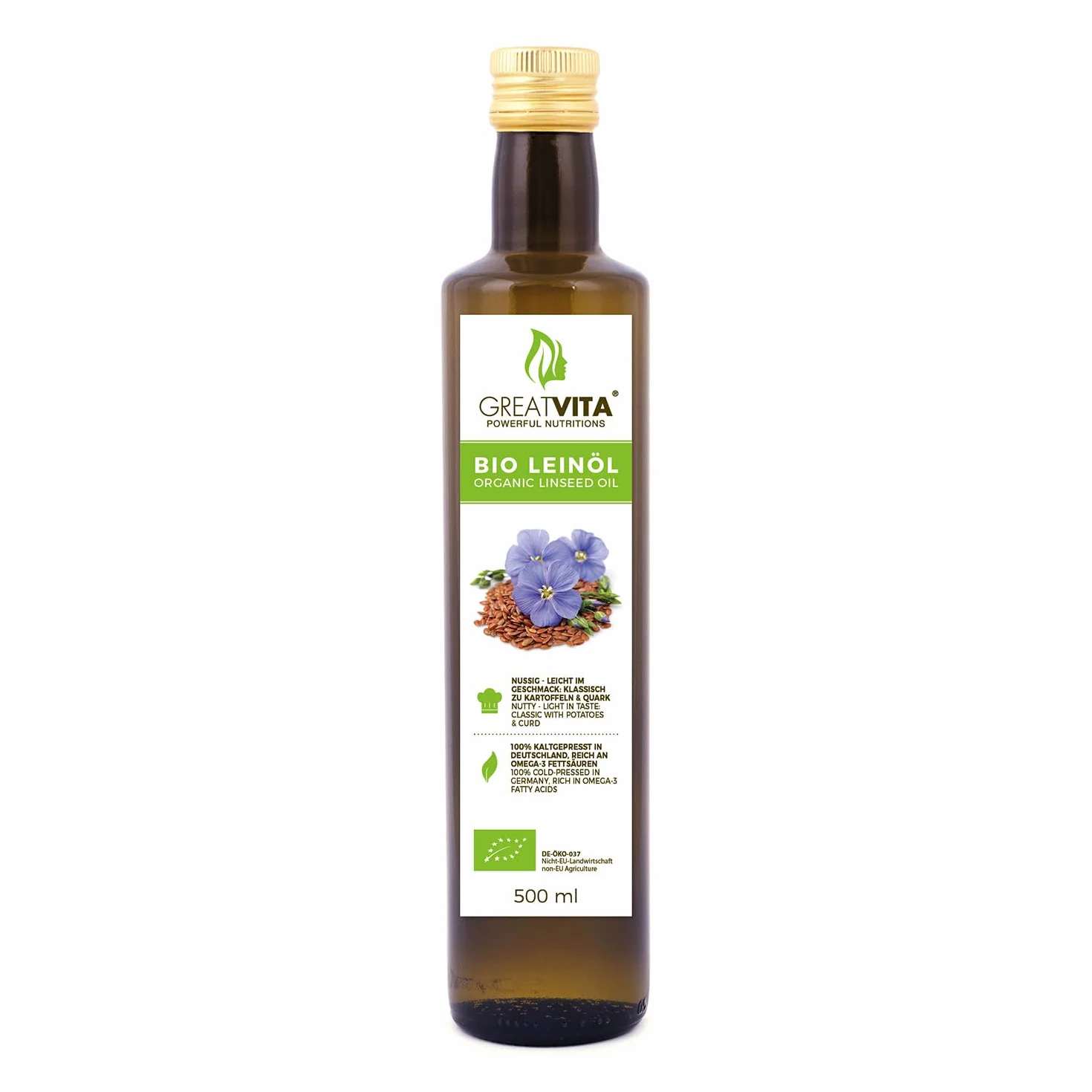 Olio di lino biologico MeaVita 100% puro spremuto a freddo 500ml bottiglia di vetro