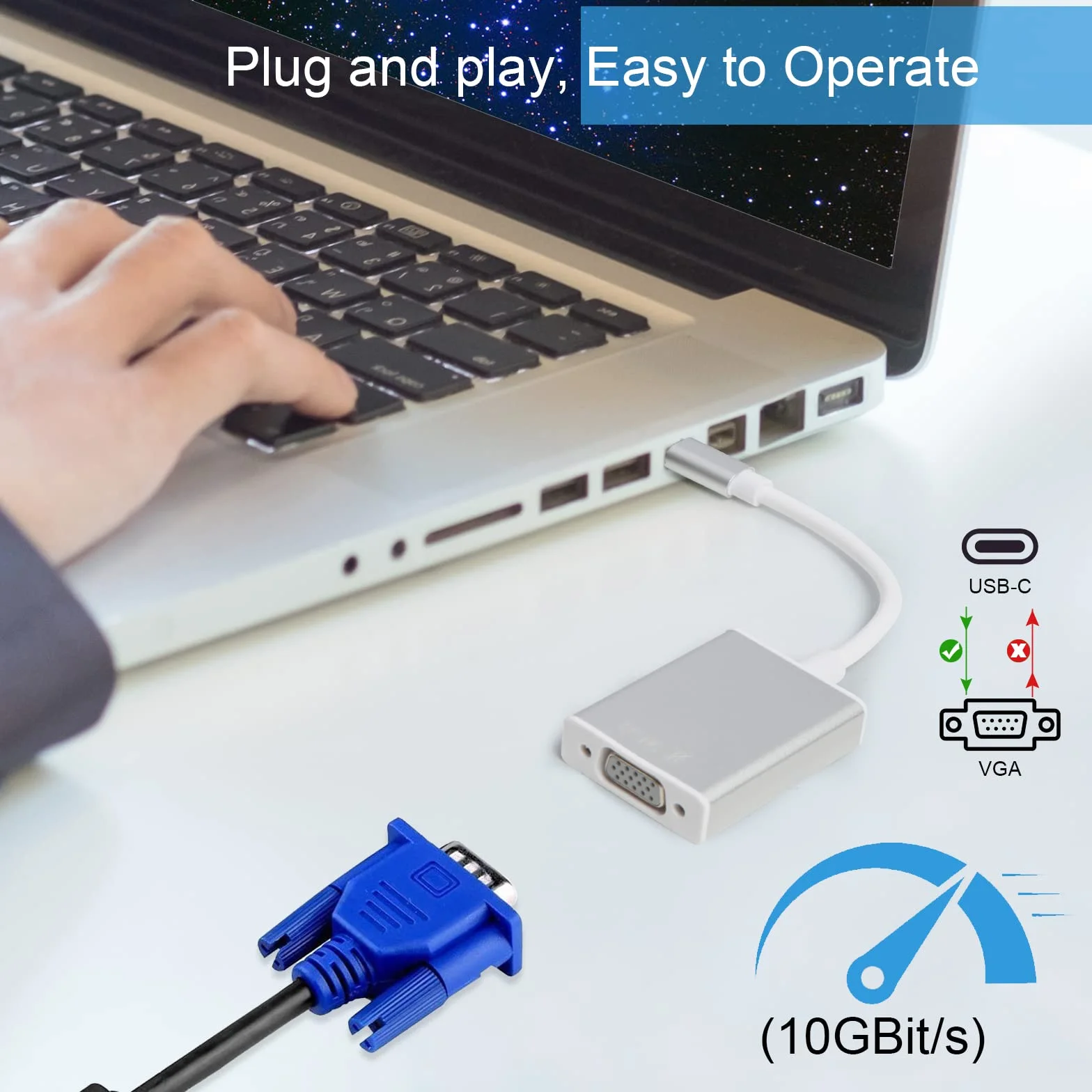 Adattatore da USB C (Thunderbolt 3) a VGA, Adattatore da Maschio 3.1 Type-C a Femmina VGA, Compatibile con MacBook Pro 2019/2020/2021, MacBook Air, iPad Pro, Samsung Galaxy