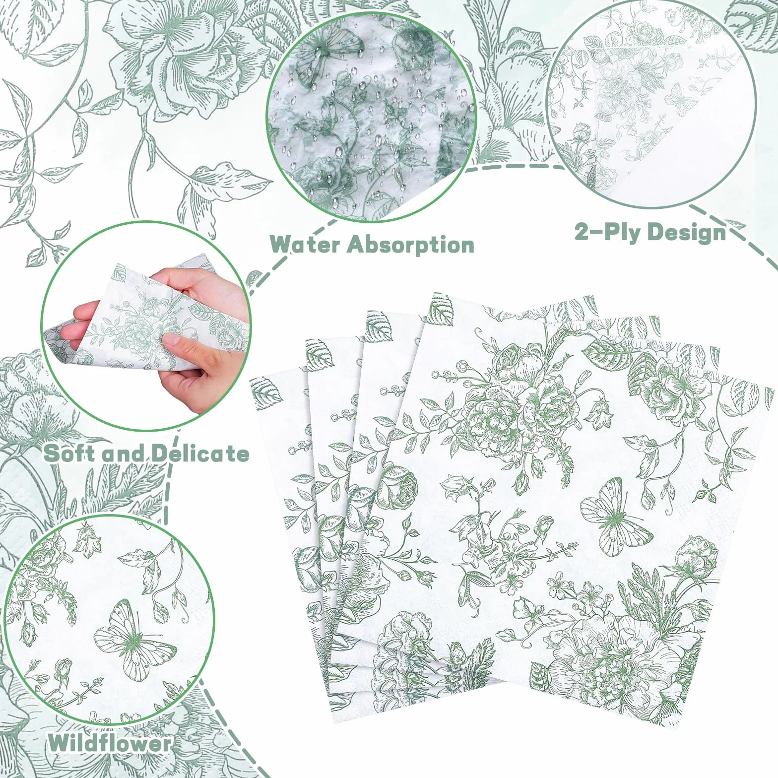 Tovaglioli da Cocktail Vintage con Fiori Verdi 16,5cm per Matrimoni Baby Shower Compleanni