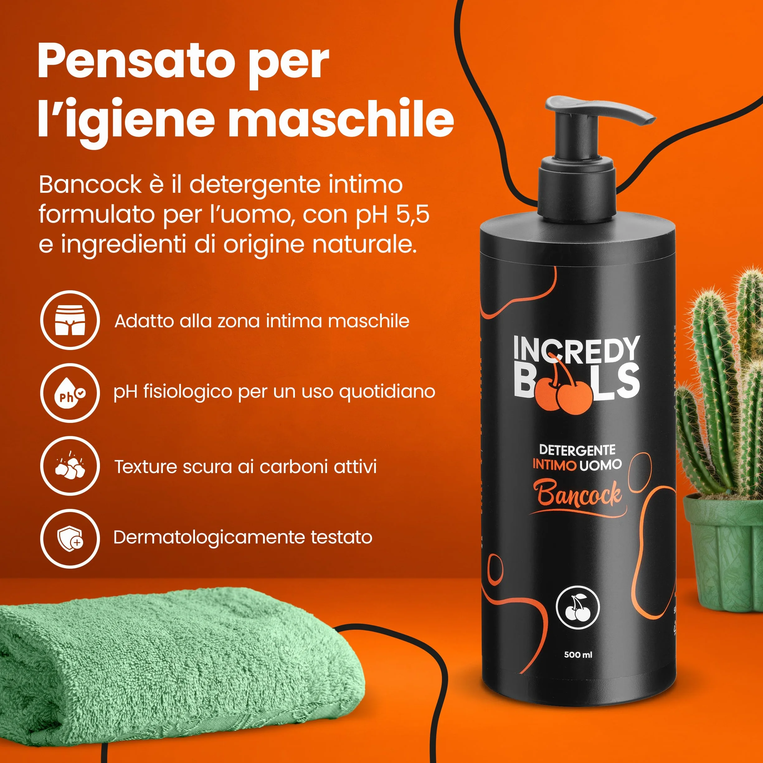 Incredy BooLS Detergente Intimo Uomo pH 5.5 Fisiologico Ipoallergenico Carbone Vegetale 500 ml Made in Italy