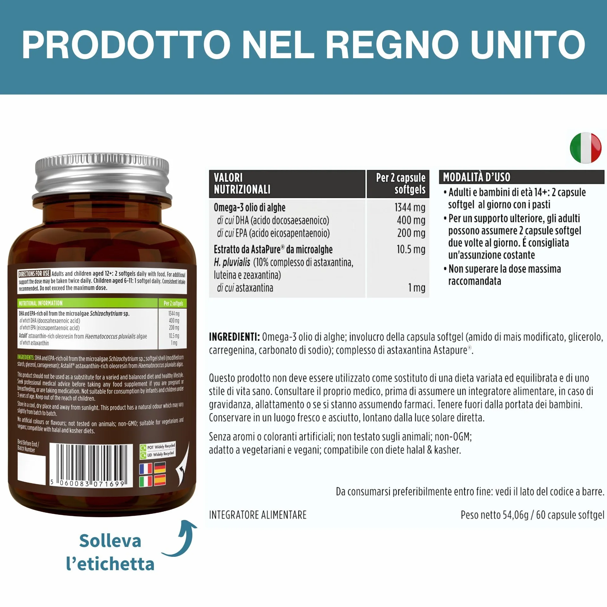Igennus Omega 3 Vegano in Trigliceridi Naturali con Astaxantina, Olio di Alghe DHA EPA, 1344 mg, 180 Capsule