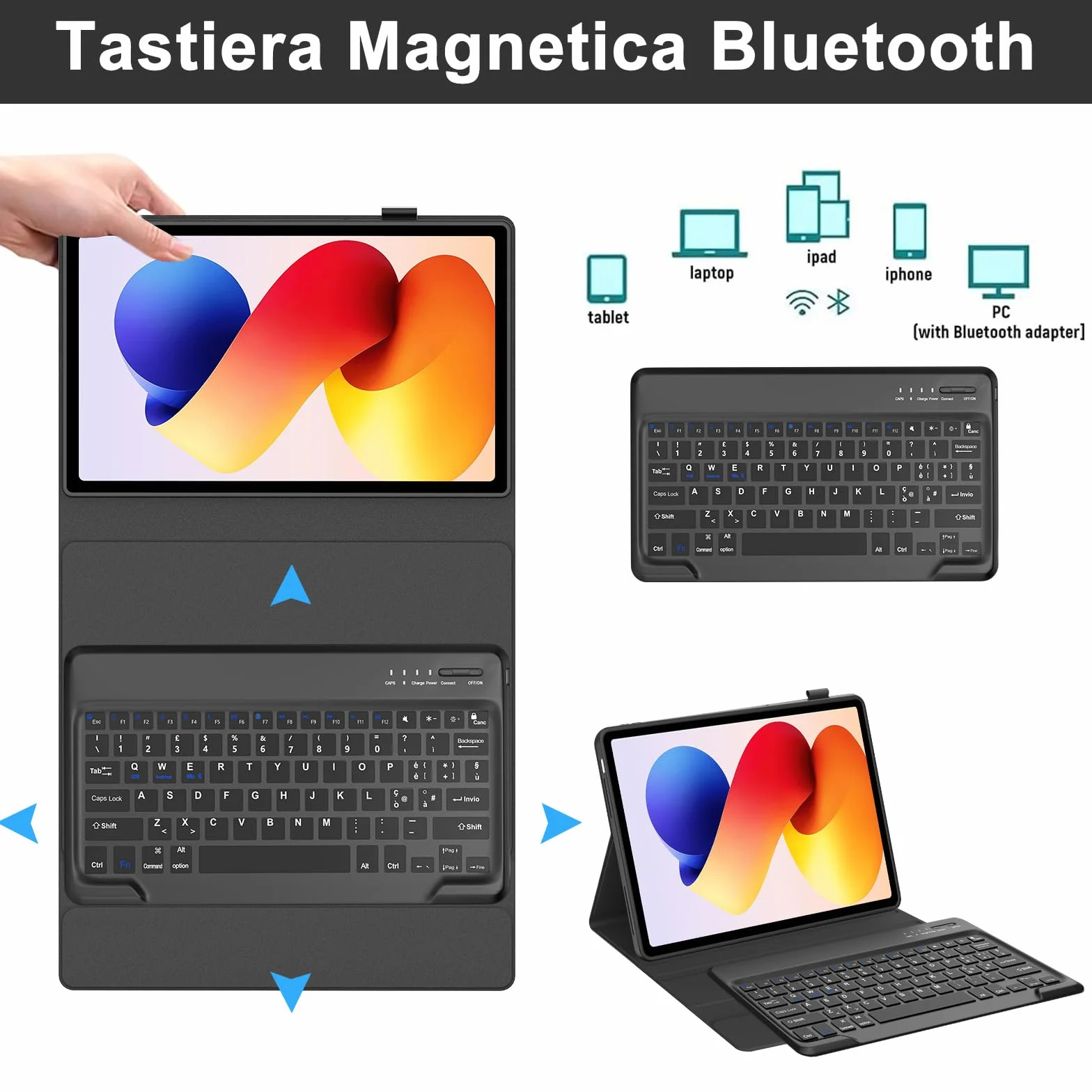 JADEMALL Custodia Tastiera per Redmi Pad 2 Pro 12.1" 2025, Italiana QWERTY Tastiera Wireless Bluetooth Magnetica Staccabile per Tablet Xiaomi Redmi Pad 2 Pro 12.1" 2025, Nero