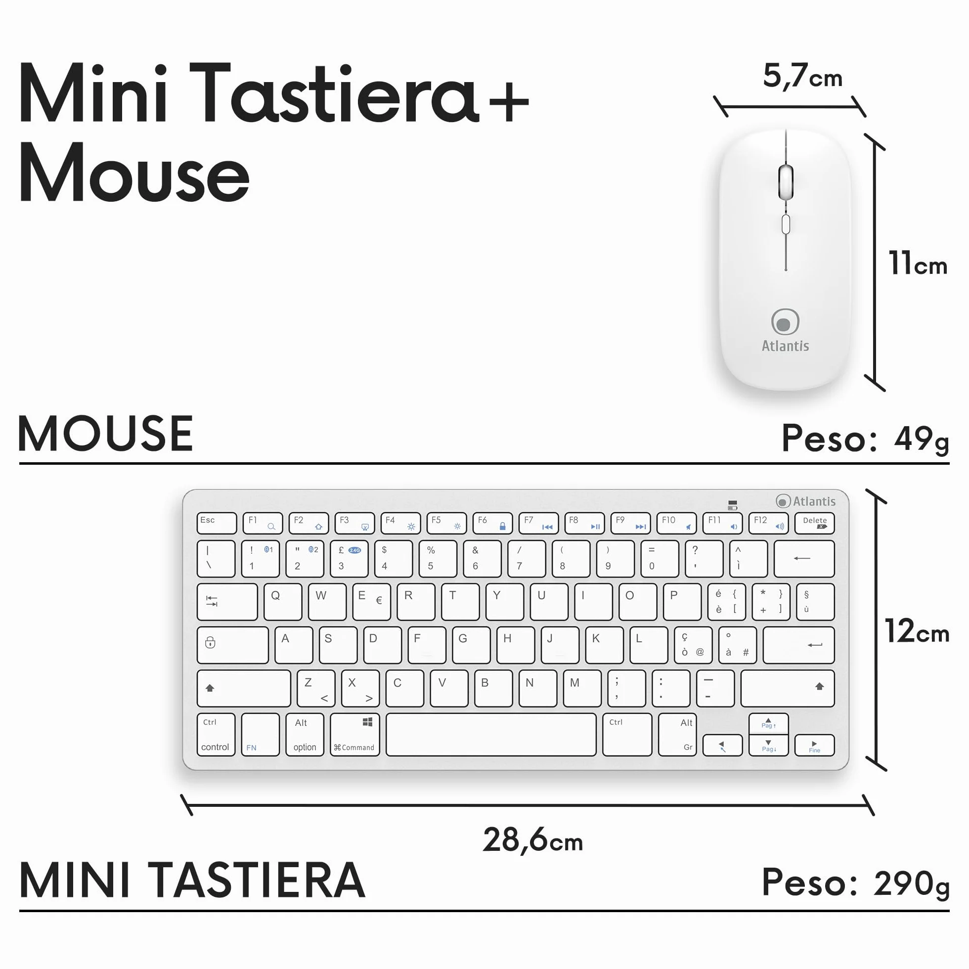 Atlantis ARGO 900Pro Combo KIT Mini Tastiera Ultraslim + Mouse - Wireless senza fili RF + Bluetooth, QWERTY 78 tasti “chocolate key”, per PC/Notebook/Smartphone/tablet/iOS/Android, Bianco