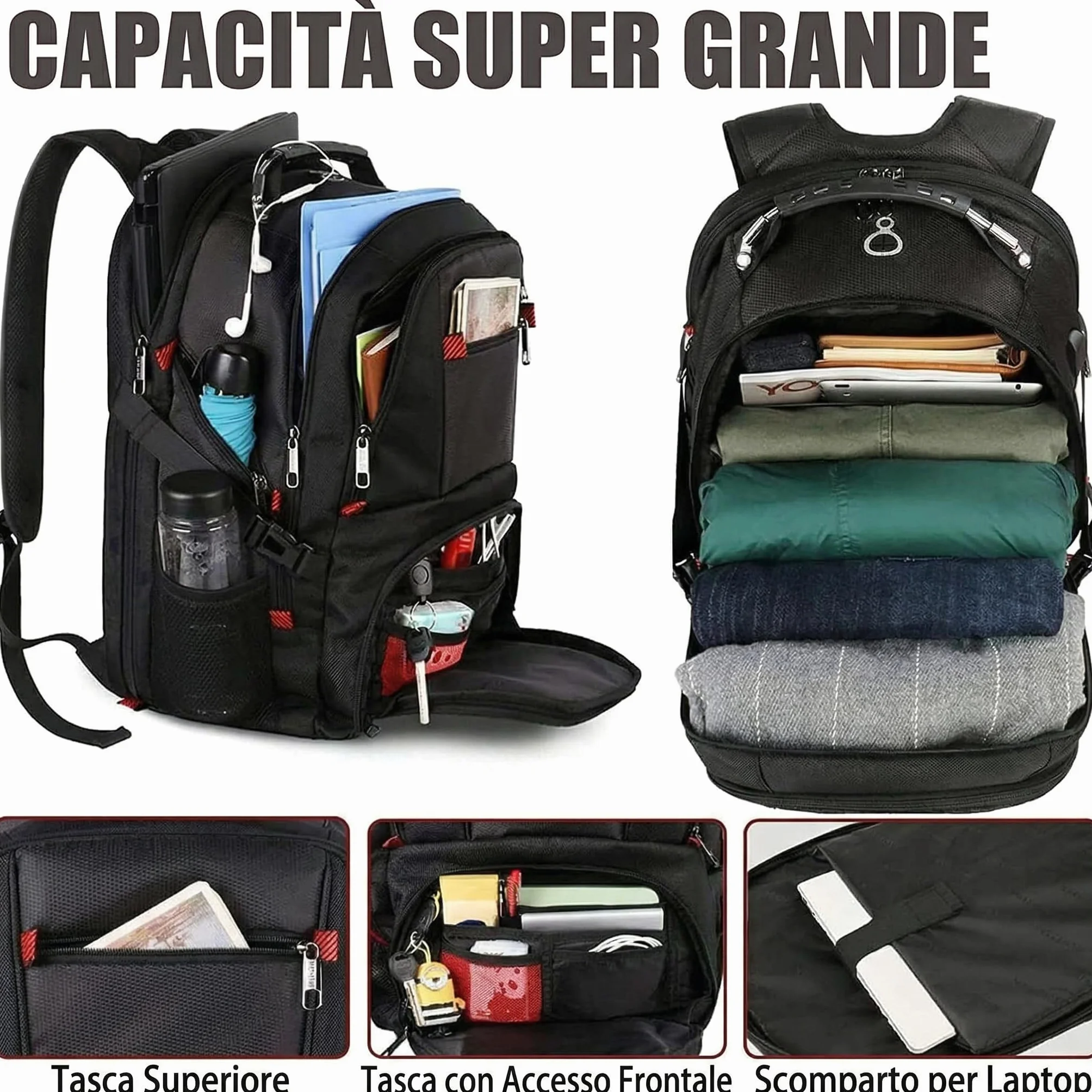 MATEIN Zaino Uomo Grande 50L, Zaini Porta PC 17 Pollici Zaini Lavoro Uomo borsa Capiente, Impermeabile Zaino per PC Portatile Laptop Computer Notebook Viaggio Ufficio Scuola Università, Nero