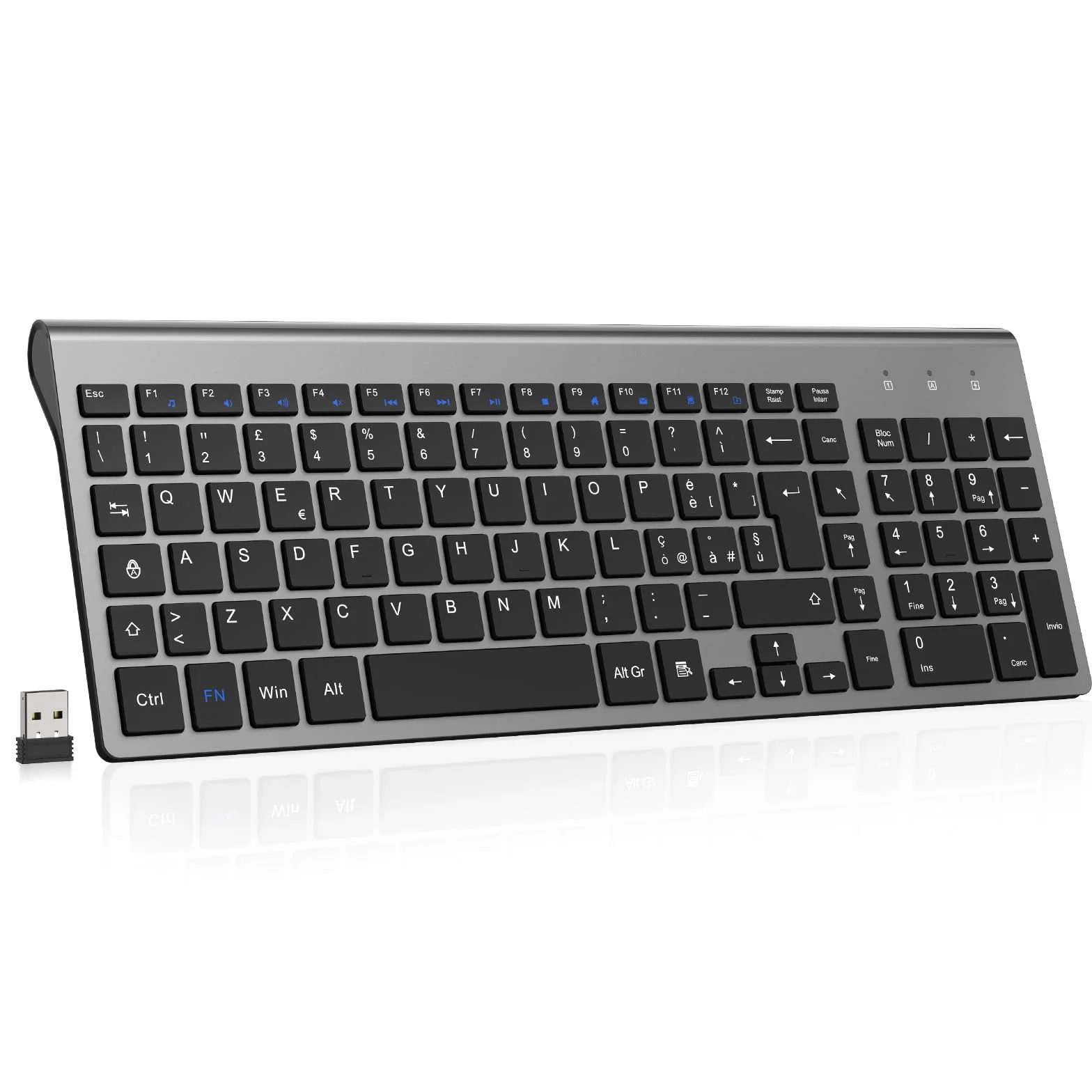 cimetech Tastiera wireless Layout Italiano QWERTY 2.4G USB con tastierino numerico tasti ergonomici grigio