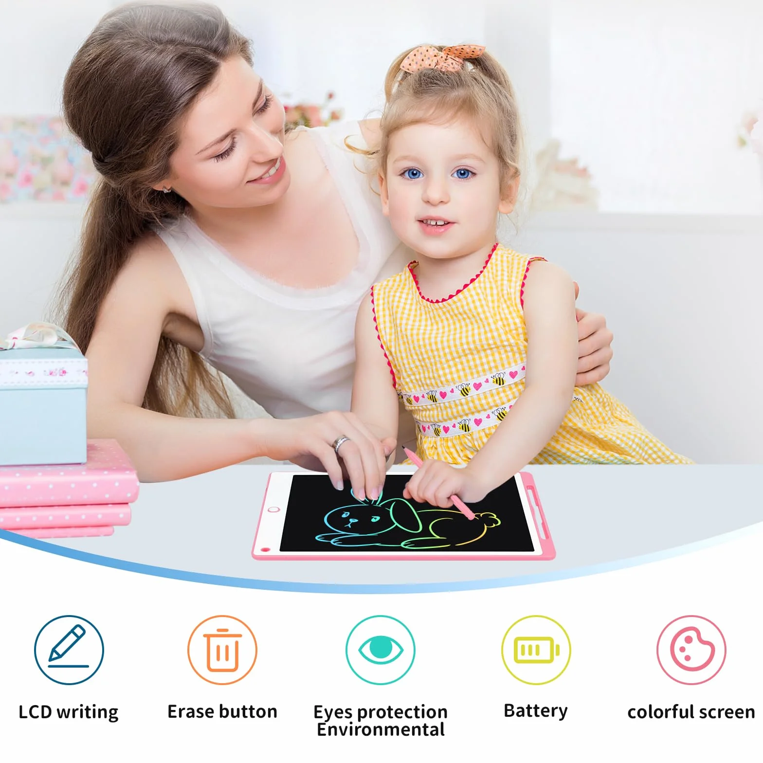Tavoletta Grafica LCD 10.5 Pollici per Bambini con Pulsante Elimina e Blocco, Rosa