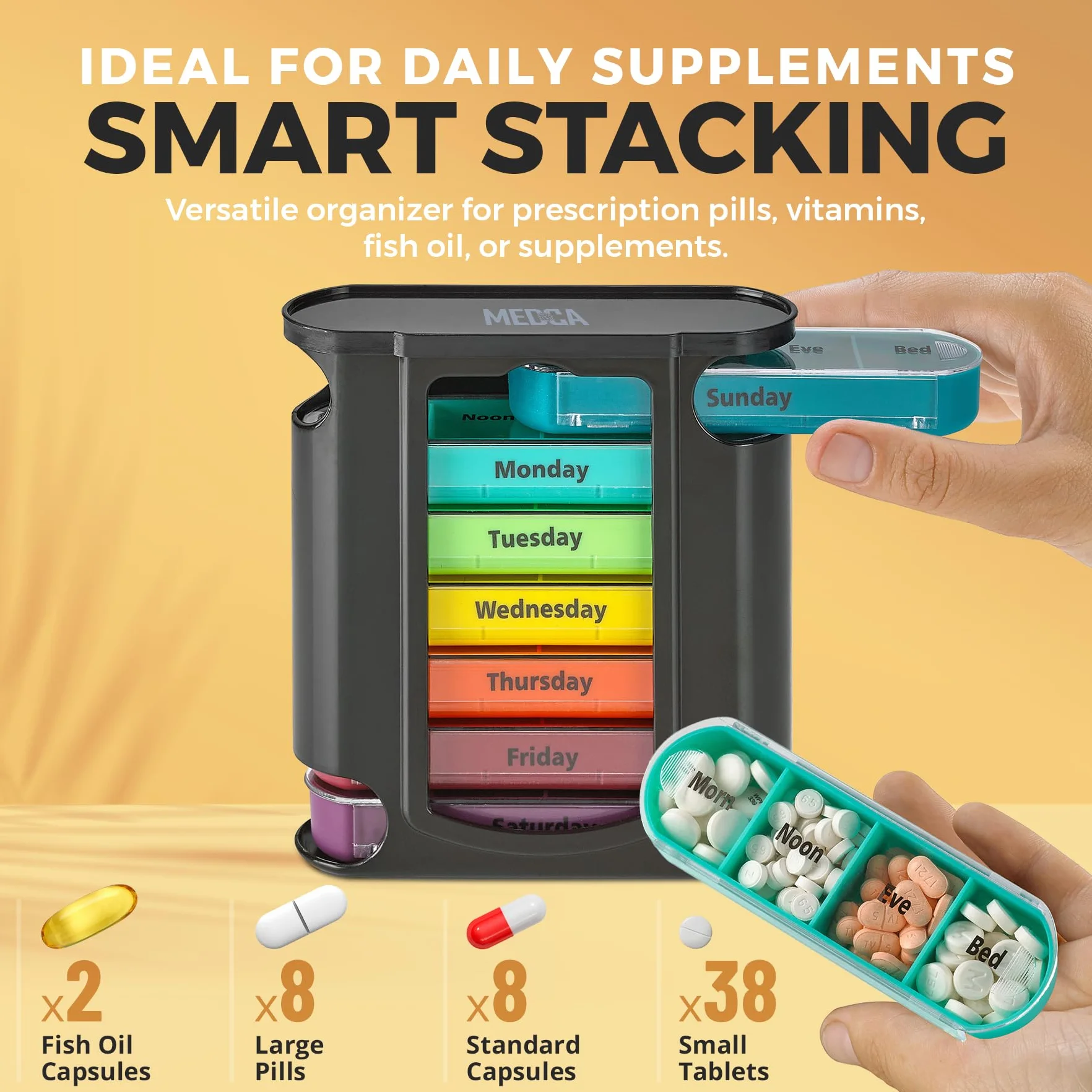 Organizzatore settimanale di pillole, 7 scomparti impilabili, 1 dispenser, nero