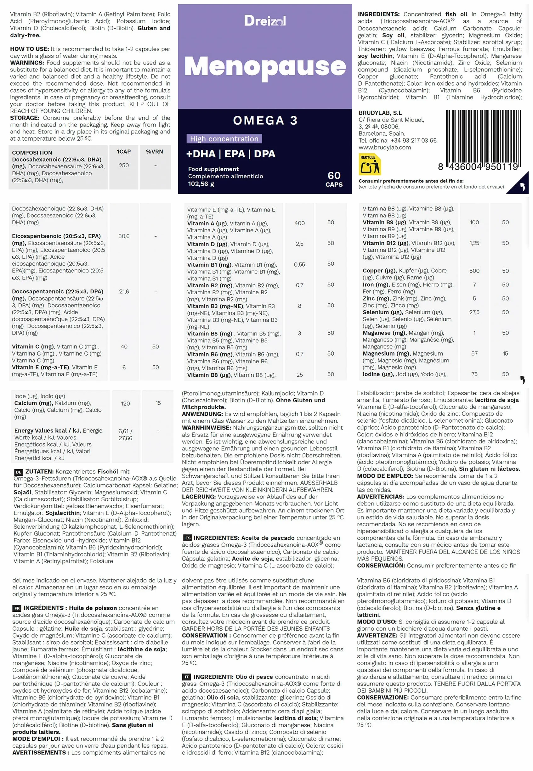 Brudy Lab Omega 3 Menopausa 8 in 1 Capsule DHA EPA DPA trigliceridi vitamine minerali 60 capsule