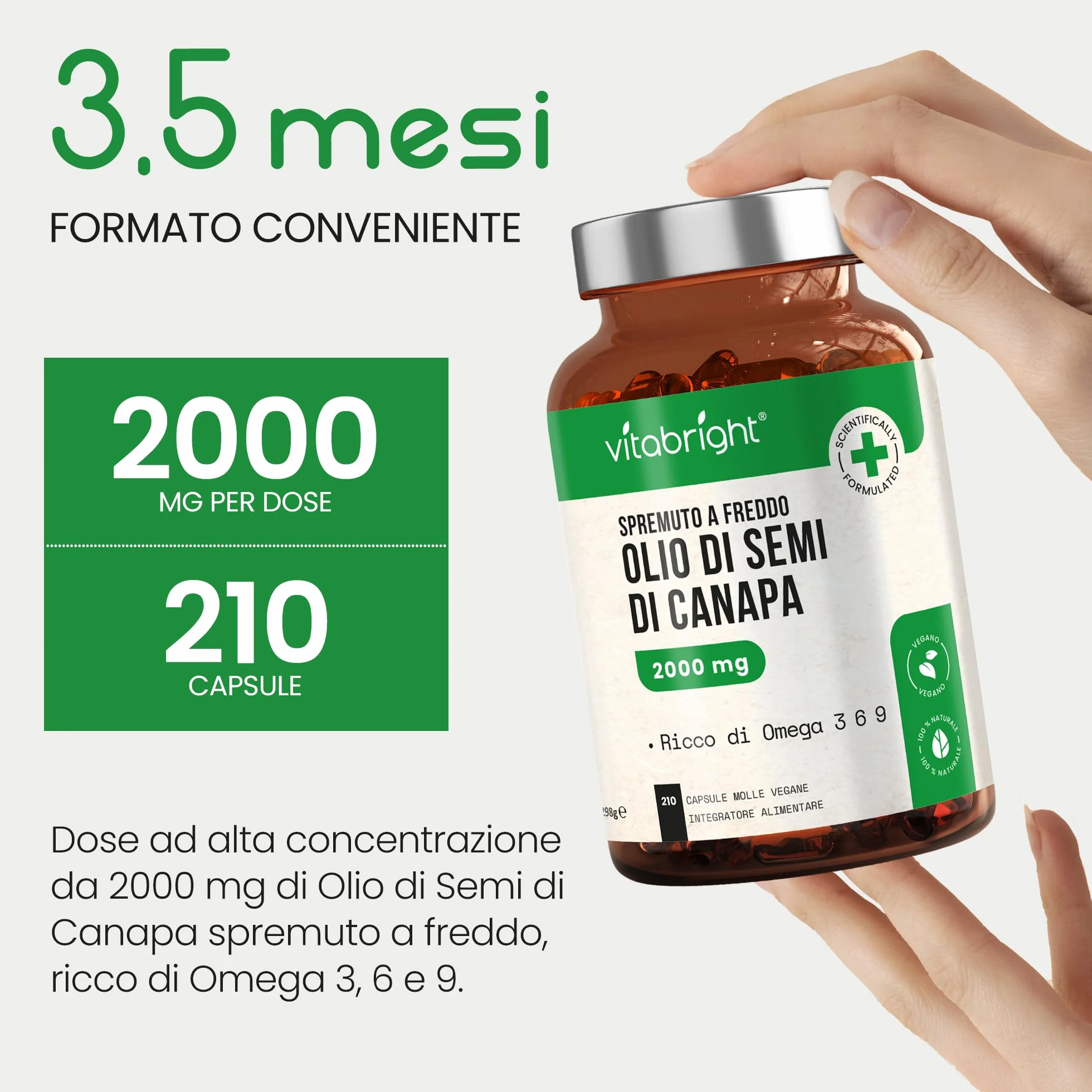 Olio di canapa in capsule 210 capsule 100% puro grani di canapa spremuti a freddo Ricco di Omega 3 6 9 VitaBright Hemp Seed Oil